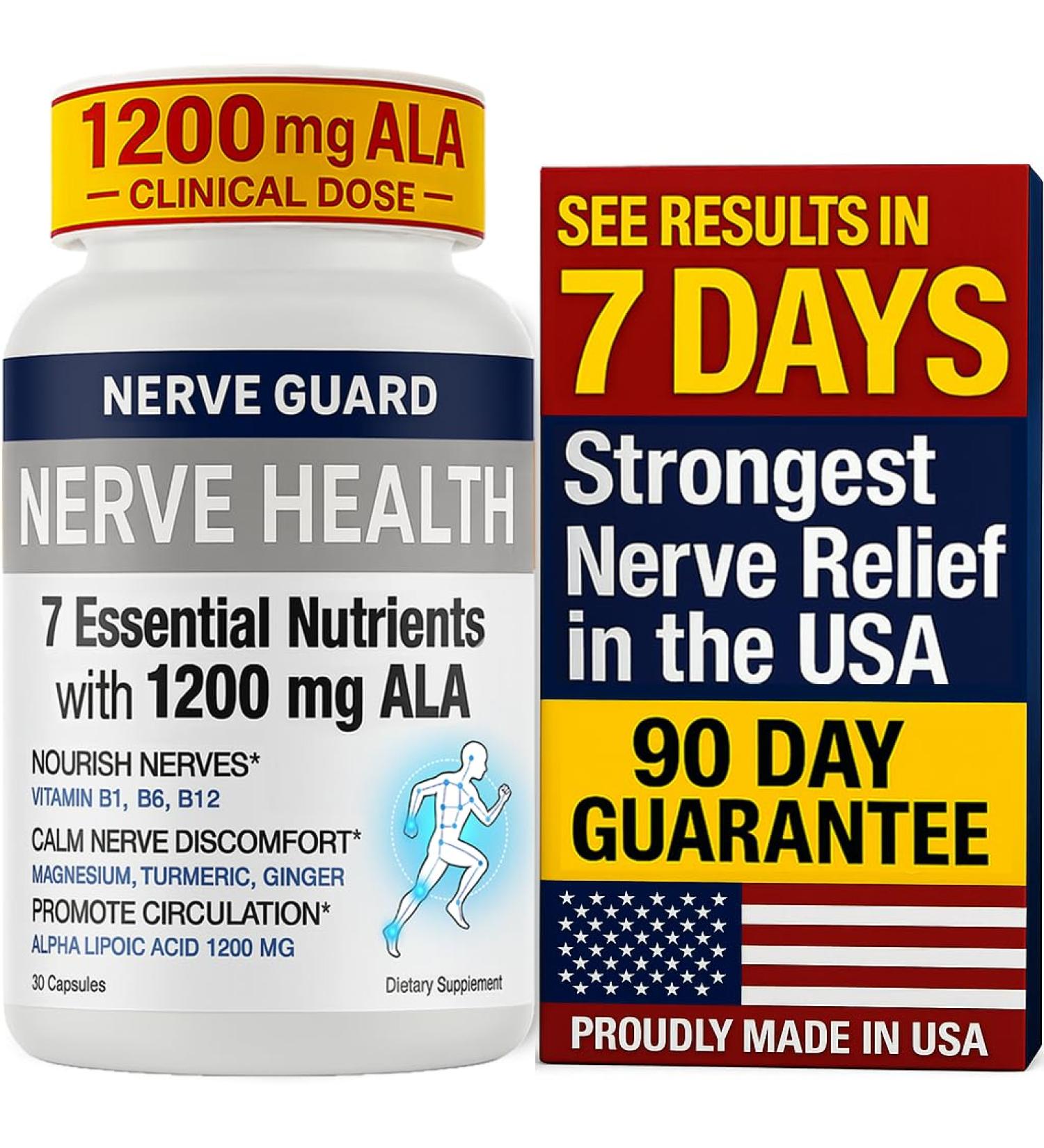 Nerve Relief Neuropathy Sciatica Support Supplement with 1200 mg Alpha Lipoic Acid to Reduce Nerve Discomfort in Feet Hands Toes 1200mg ALA, Vitamins B12 B6 & B1, Magnesium, Turmeric 30 Capsules Alabaster-white - Buy Online on GoSupps.com