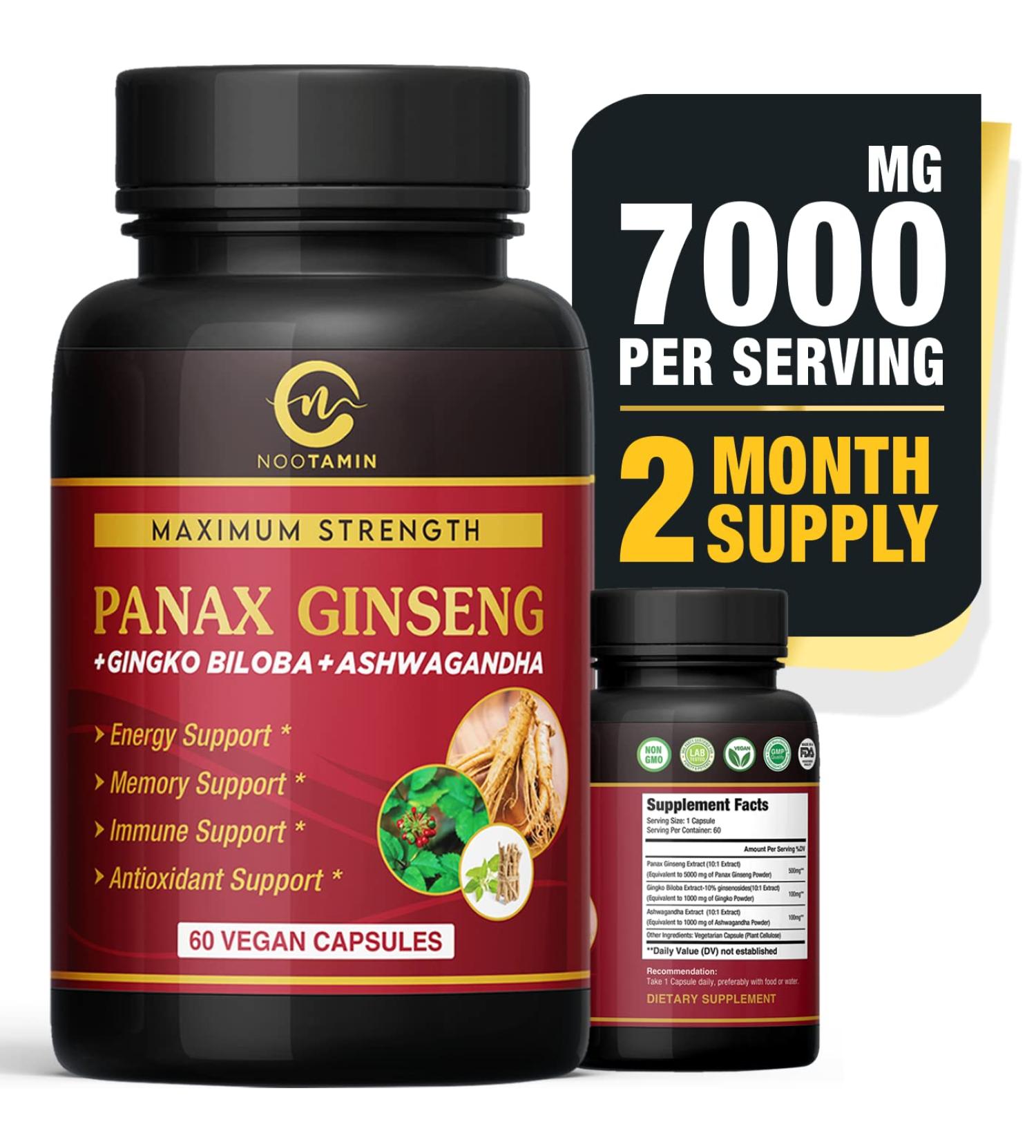 Nootamin Naturals Korean Red Panax Ginseng 7000mg + Ginkgo Biloba + Ashwagandha | Energy, Strength, Focus, Memory | 60 Vegan Capsules - Buy Online on GoSupps.com