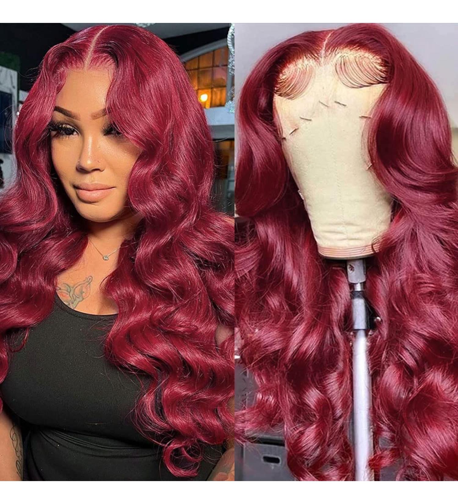 Burgundy Body Wave 24 Lace Front Human Hair Wig - HD Transparent Brazilian Virgin Hair, Pre-Plucked with Baby Hair - 150% Density - Red Glueless Wig for Black Women - Buy Online on GoSupps.com