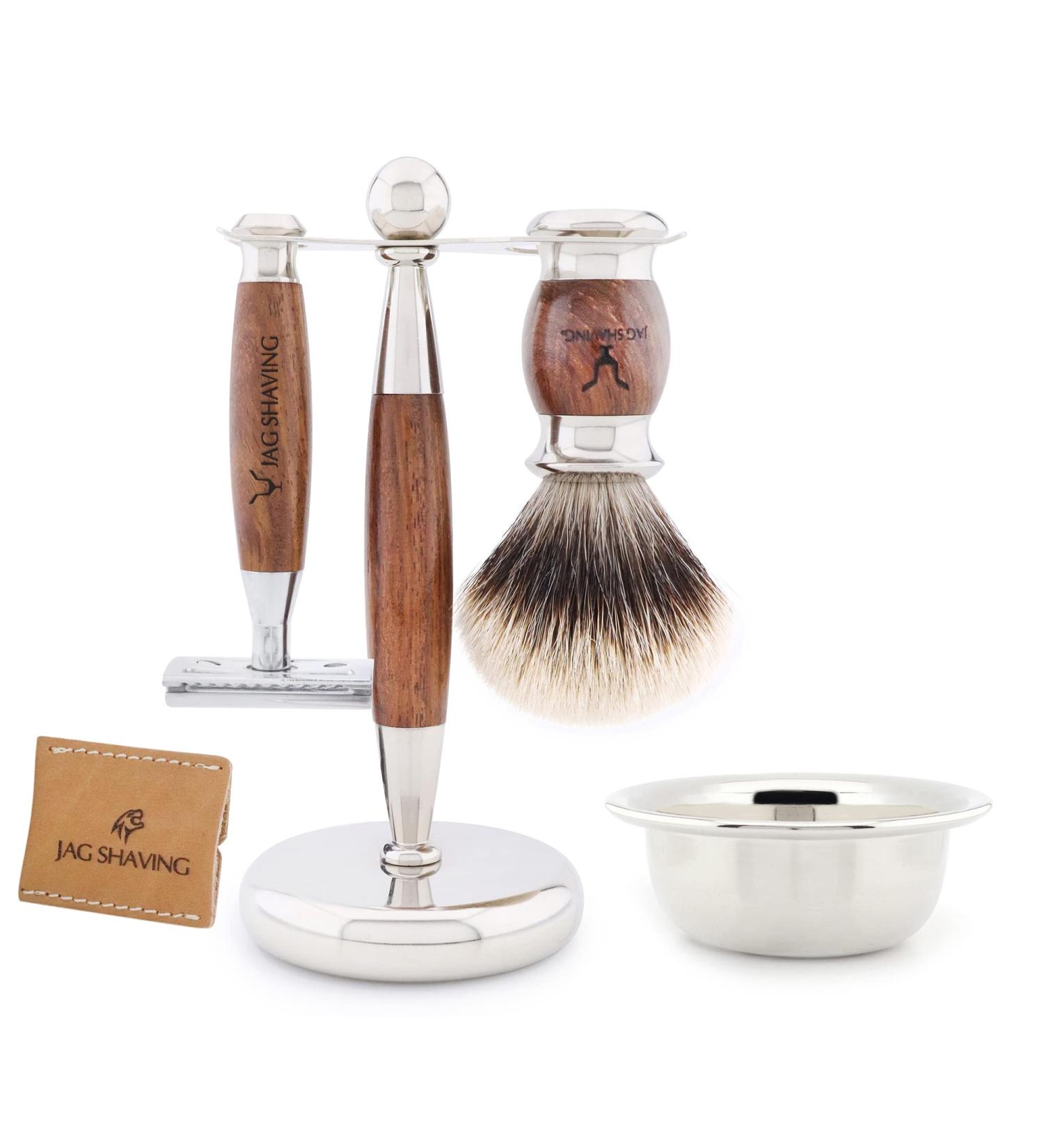 Jag Shaving Razorset - 5-Part Lee Range with Dachshaar Brush Double Edge Razor Leather Bag & Bowl - Premium International Shipping - Buy Online on GoSupps.com