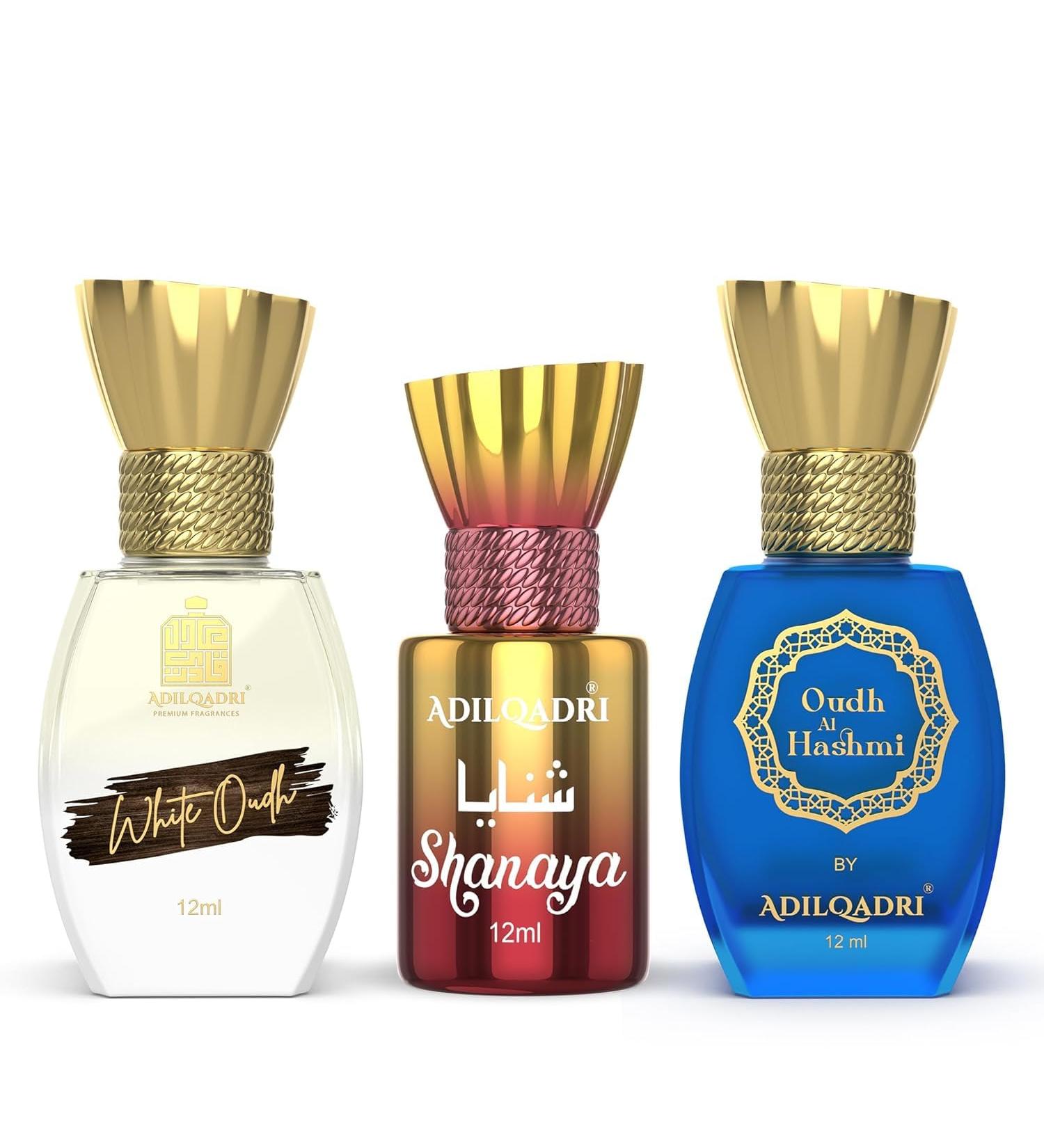 Adil Qadri Shanay'a White Oudh Oudh Al Hashmi Attar Combo Pack | Arab French Strong Masculine & Sweet Scent | Long Lasting Non-Alcoholic Roll-On Attar For Men & Women | Gift Attar Pack 12 ML Eachic