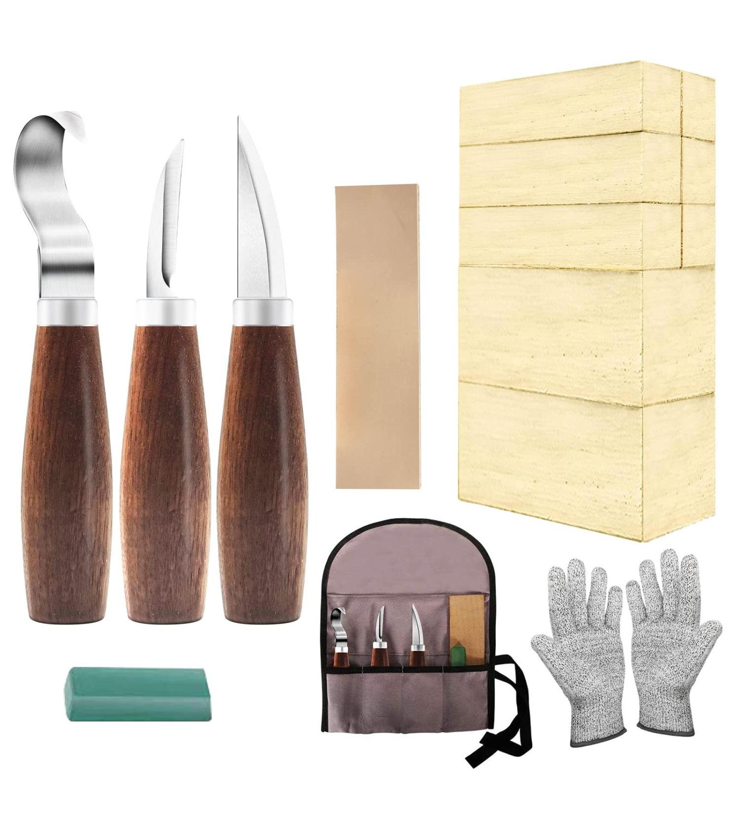 Wood Whittling Kit for Adults and Kids - 3 Carving Knives, 8 Basswood Blocks, Gloves - Beginners Wood Carving Set - Buy Online on GoSupps.com