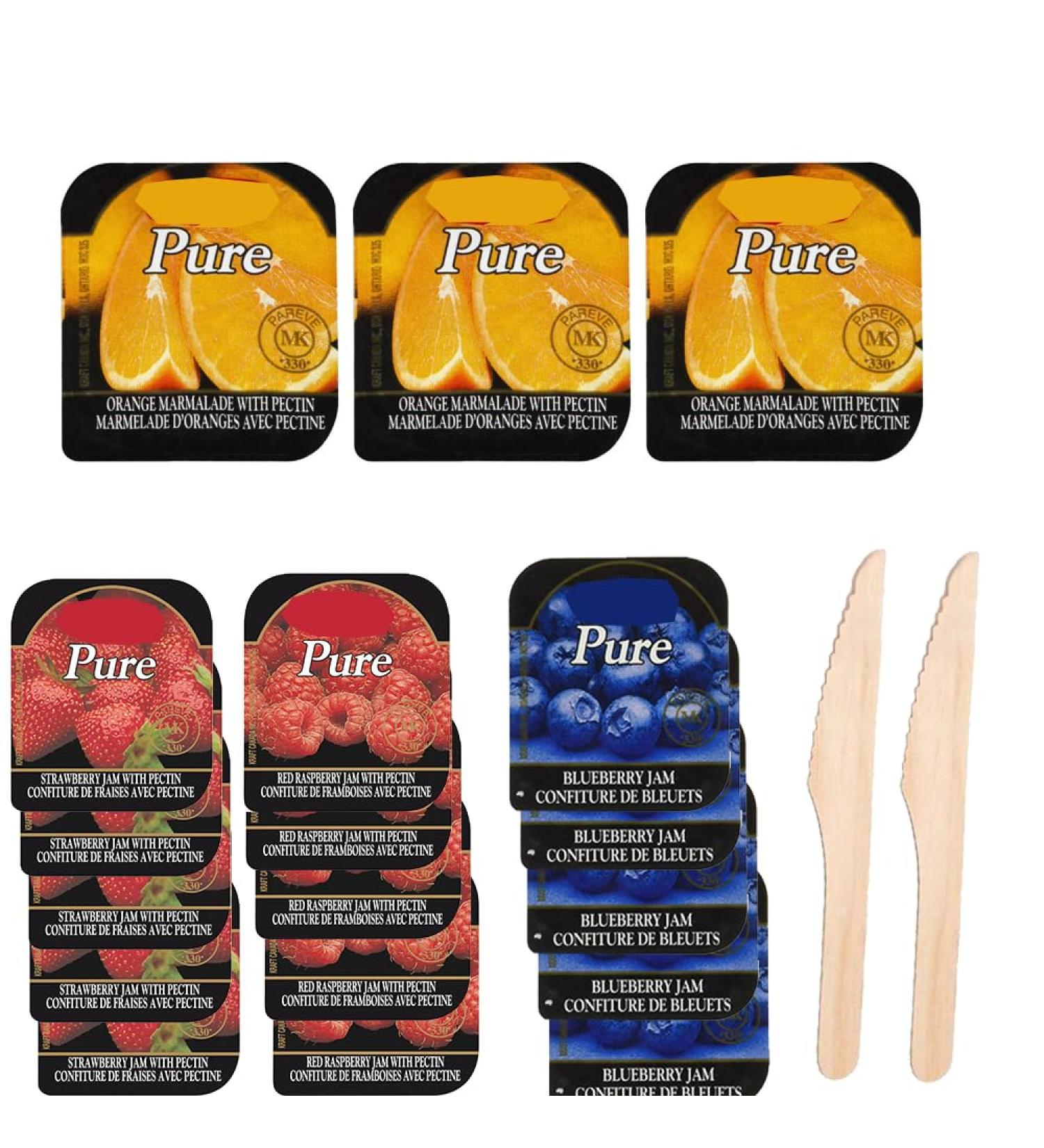 Breakfast Spreads - 30 Individual Portion On-the-Go Cups Trio of Strawberry Blueberry Orange Marmalade & Raspberry Jam Jelly ! Strawberry Jelly - Raspberry Jelly - Blueberry Jelly - Orange Jelly - Comes with 2 wooden Knives and a one of a kind Sticker by  - Buy Online on GoSupps.com
