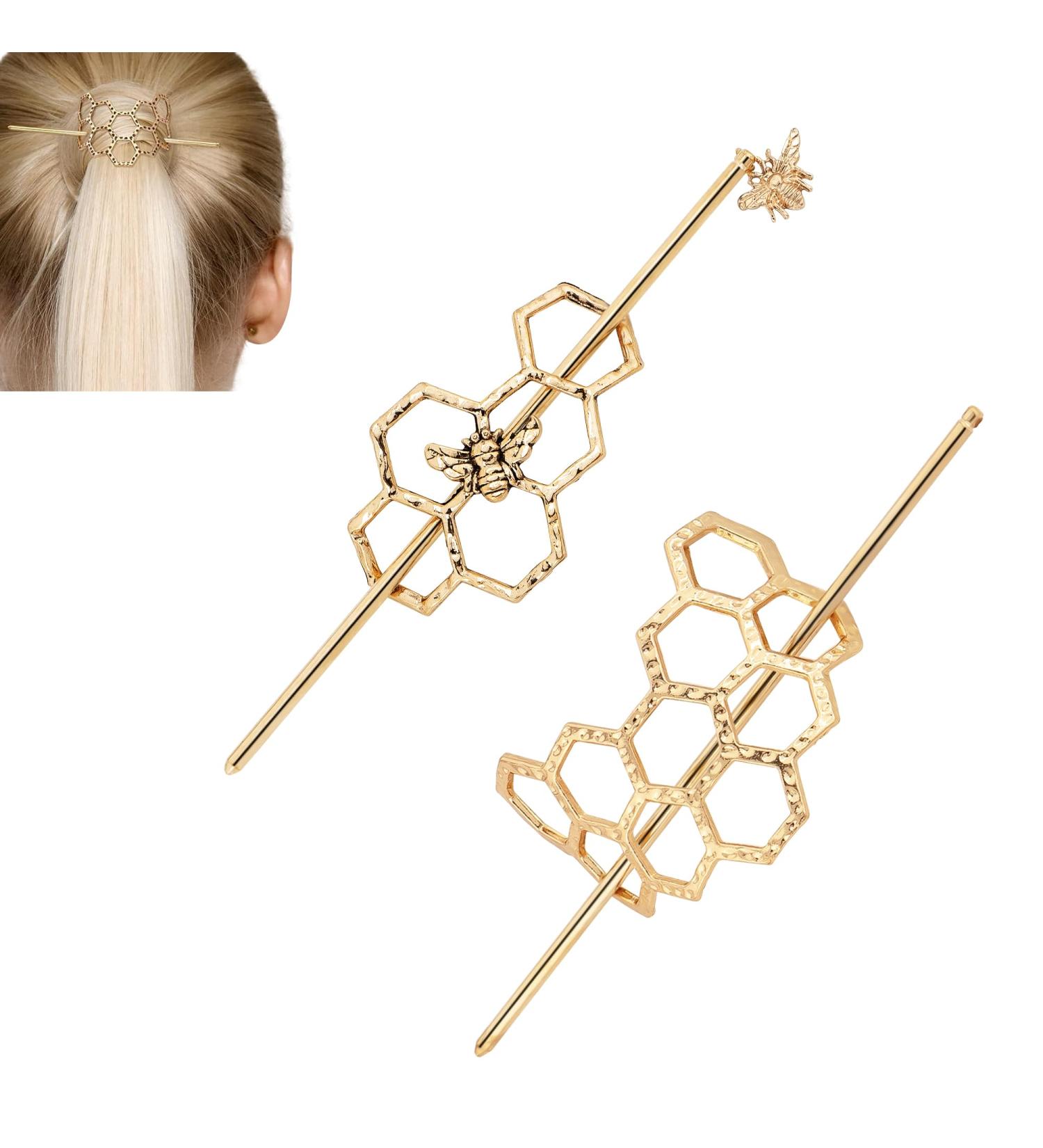 CAIRIAC Honeycomb Hair Clips Slide Hairpins Minimalist Bee Hair Barrette Bun Hair Pins Metal Hair Slide with Stick Creative Hair Accessories for Women Girls Gifts (Gold) - Buy Online on GoSupps.com