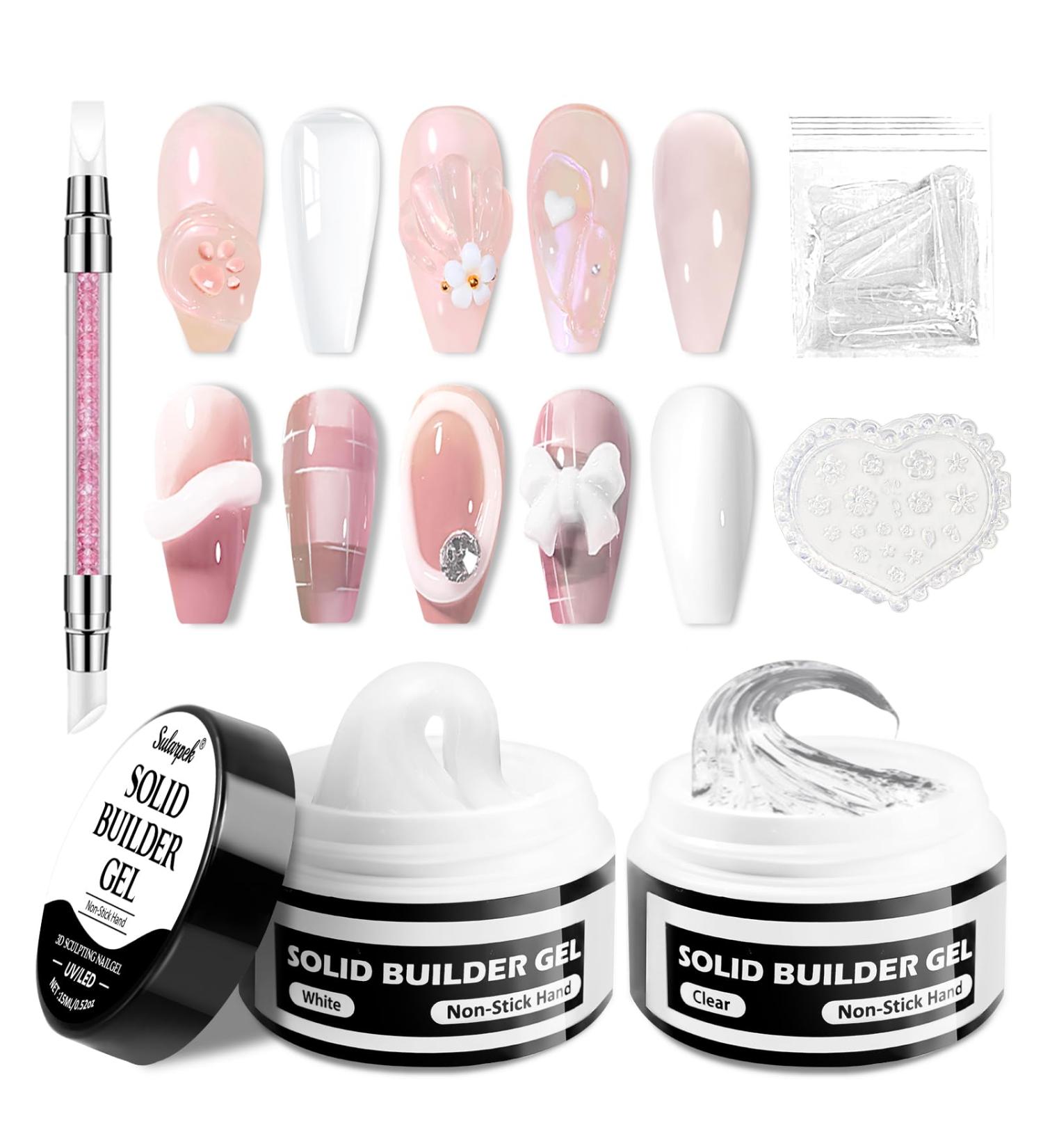  sularpek 2 x 15 ml Solid Sculpture Builder Gel 3D Gel Nail Art UV Nail Construction Gels Non-Stick 3D Gels for Extension Decoration and Nail Art Repair Clear/White - Buy Online on GoSupps.com