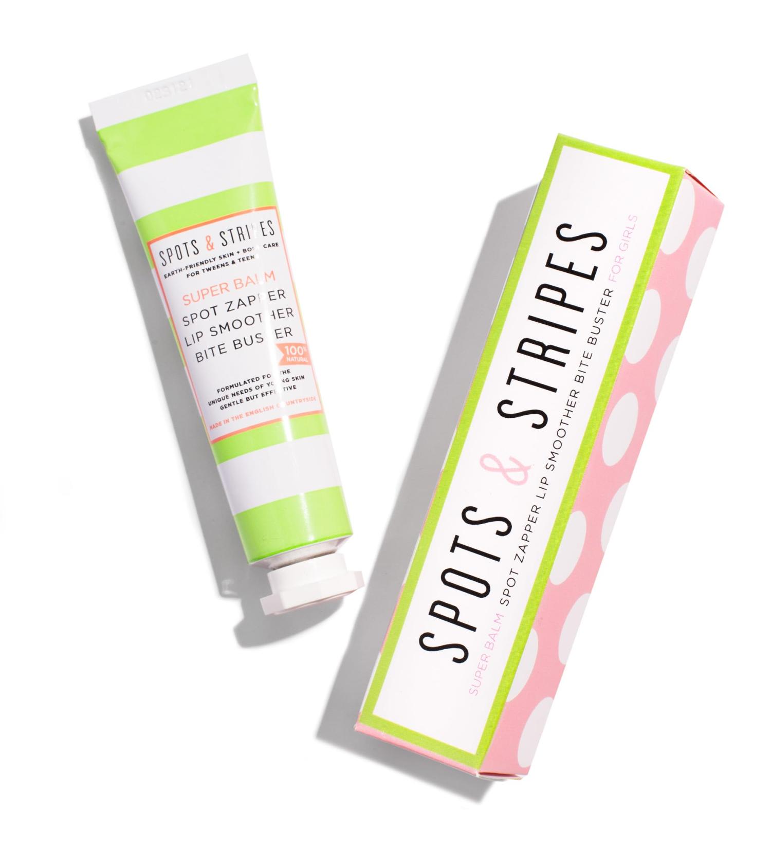 Spots & Stripes - Super Balm Spot Zapper Lip Smoother Bite Buster for Girls 100% Natural Multi-Purpose Spot Treatment and Skin Rescue for Teens in One Genius Stick with Niaouli and Coconut (15g) - Buy Online on GoSupps.com