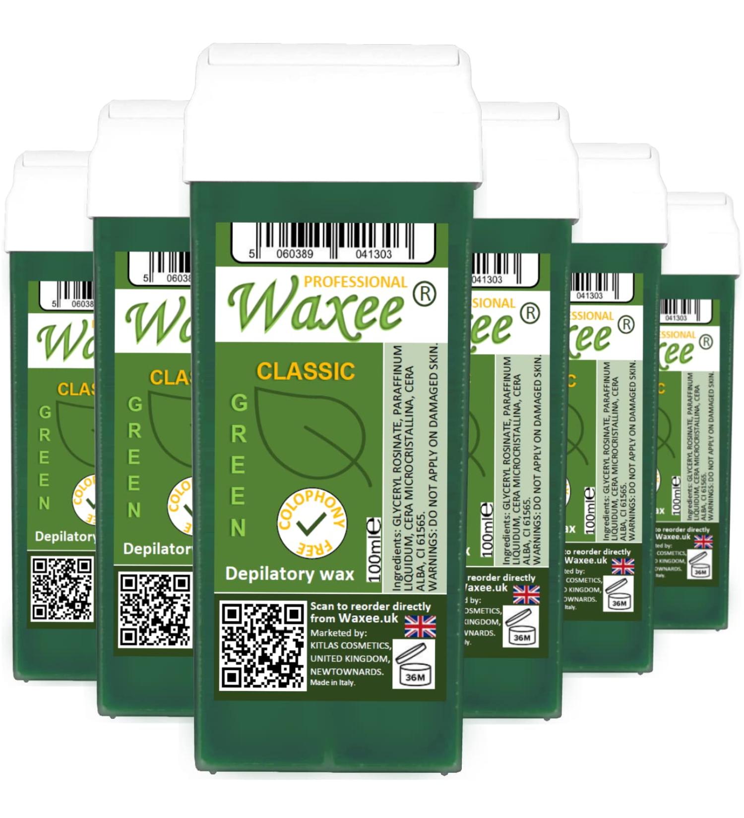 ROLL-ON WAX CARTRIDGE 100ml roller hair removal wax depilatory refill (6 x 100ml roll-on wax cartridge Green) 100 ml (Pack of 6) Green