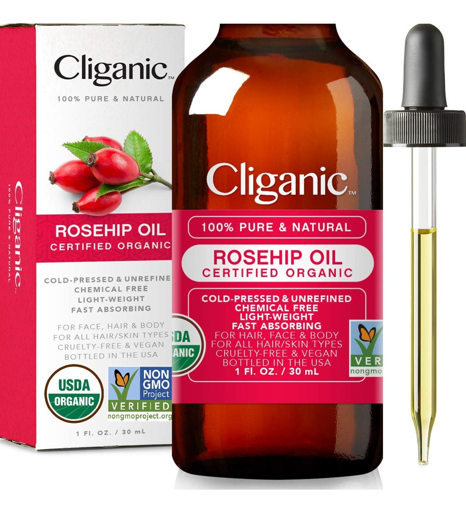 Cliganic USDA Organic Rosehip Seed Oil for Face - 100% Pure & Natural - Cold Pressed, Unrefined, Non-GMO - Carrier Oil for Skin, Hair & Nails - Buy Online on GoSupps.com