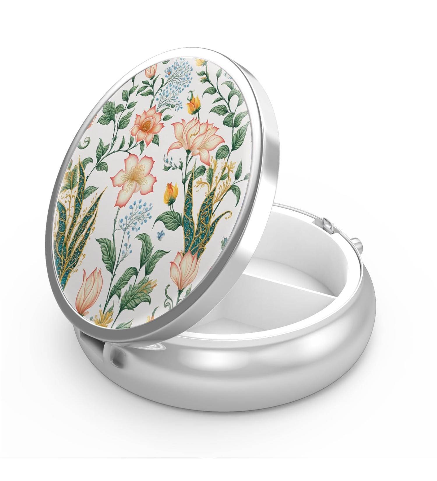 Portable 3 Compartment Pill Organizer | Decorative Metal Pill Box Gift | Flower Design Vitamin Holder - Buy Online on GoSupps.com