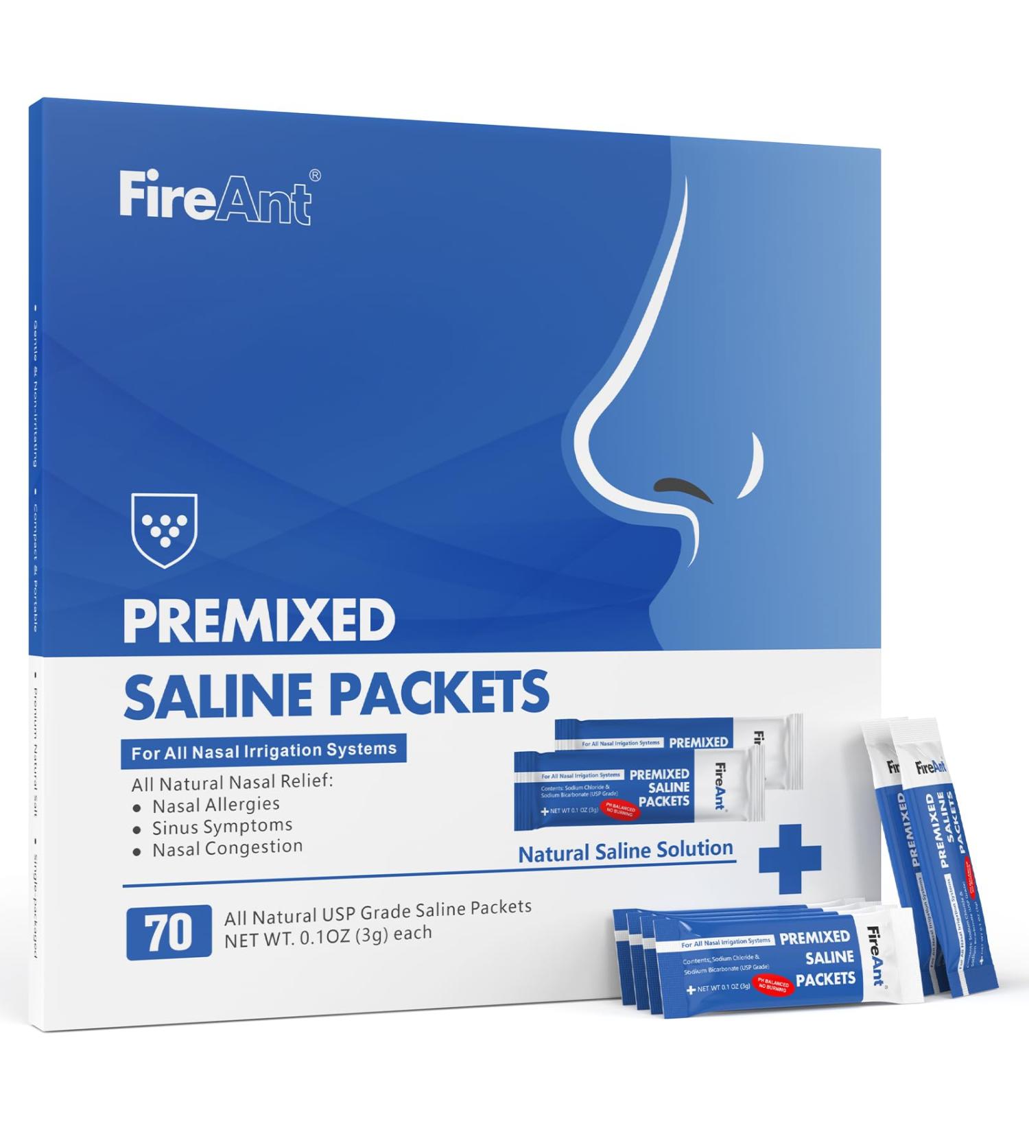 FireAnt Saline Packets Sinus Rinse 70 Premixed Neti Pot Salt Packets for Nasal Rinse All Natural Pharmaceutical Grade and PH Balanced - 70 Count - Buy Online on GoSupps.com