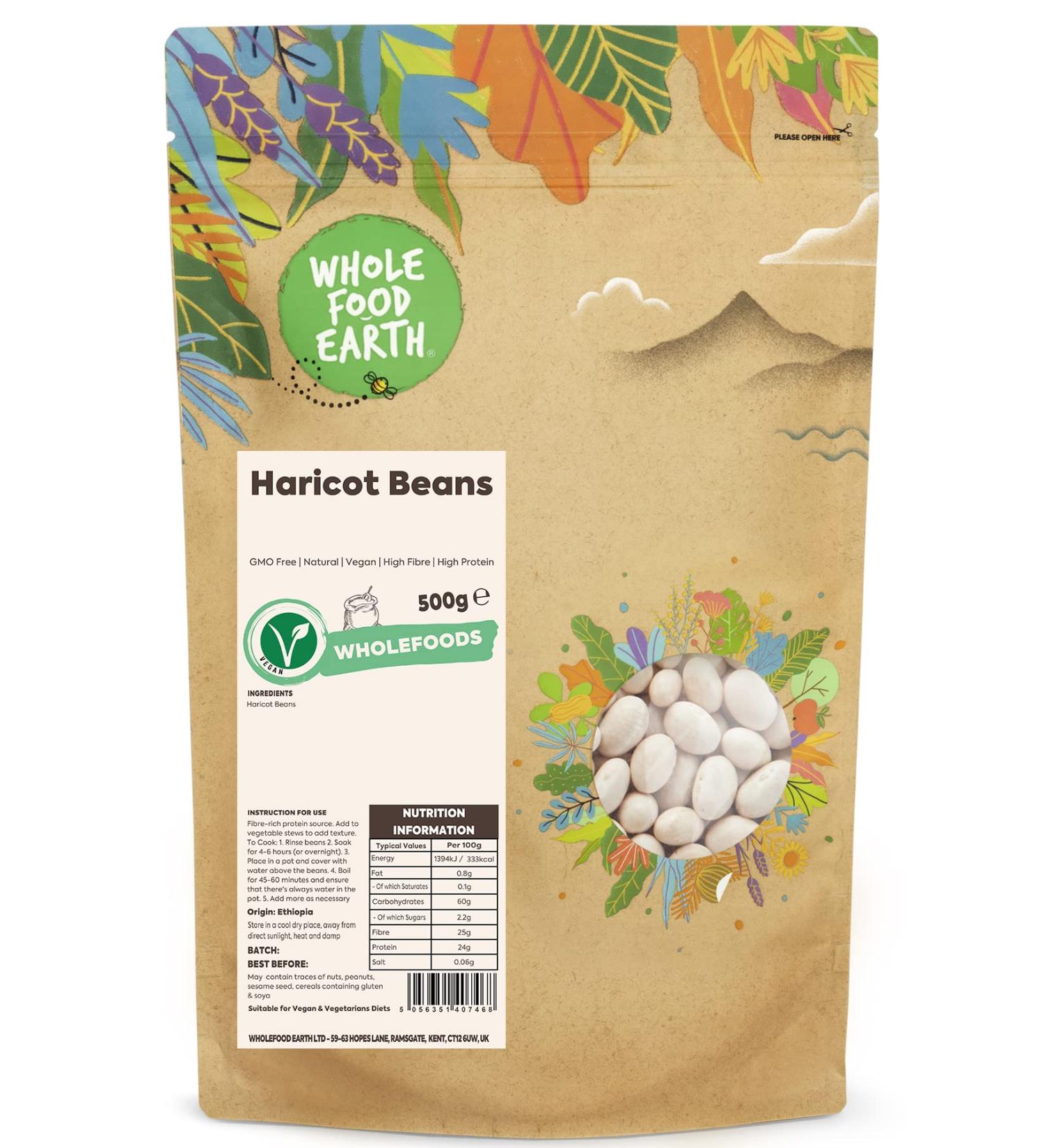 Wholefood Earth Haricot Beans 500g - GMO Free, Natural, Vegan - High Fiber & Protein - Buy Online on GoSupps.com