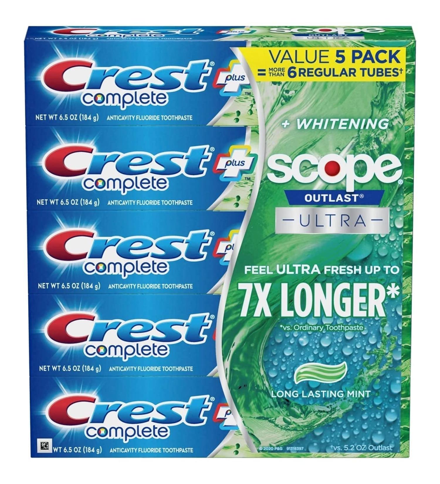 Crest Complete Whitening + Scope Toothpaste, 6.5 Ounce (5 Pack)