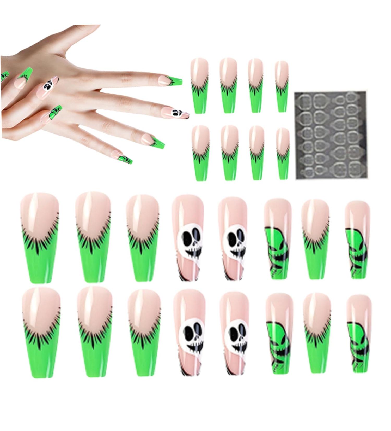 Halloween Press on Nails Halloween Press on Nails Medium Horror Ghost and Skull Halloween Fake Nails 24PCS Coffin French Tip False Nails with Gel Glue - Buy Online on GoSupps.com