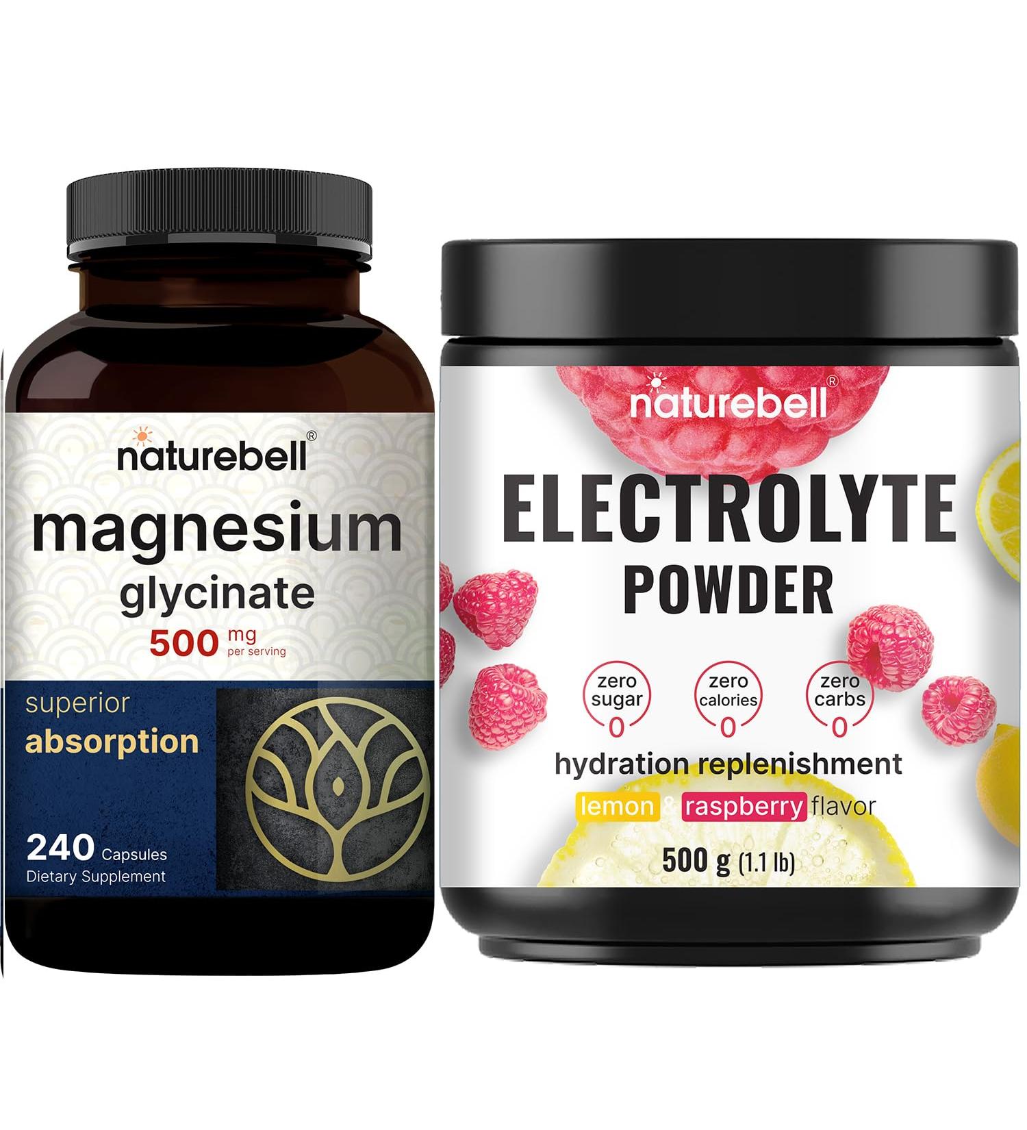 NatureBell Magnesium Glycinate Capsules 500mg & Electrolyte Hydration Powder Bundle Pack | Chelated & Purified Mineral | Real Coconut Water Electrolytes - Buy Online on GoSupps.com