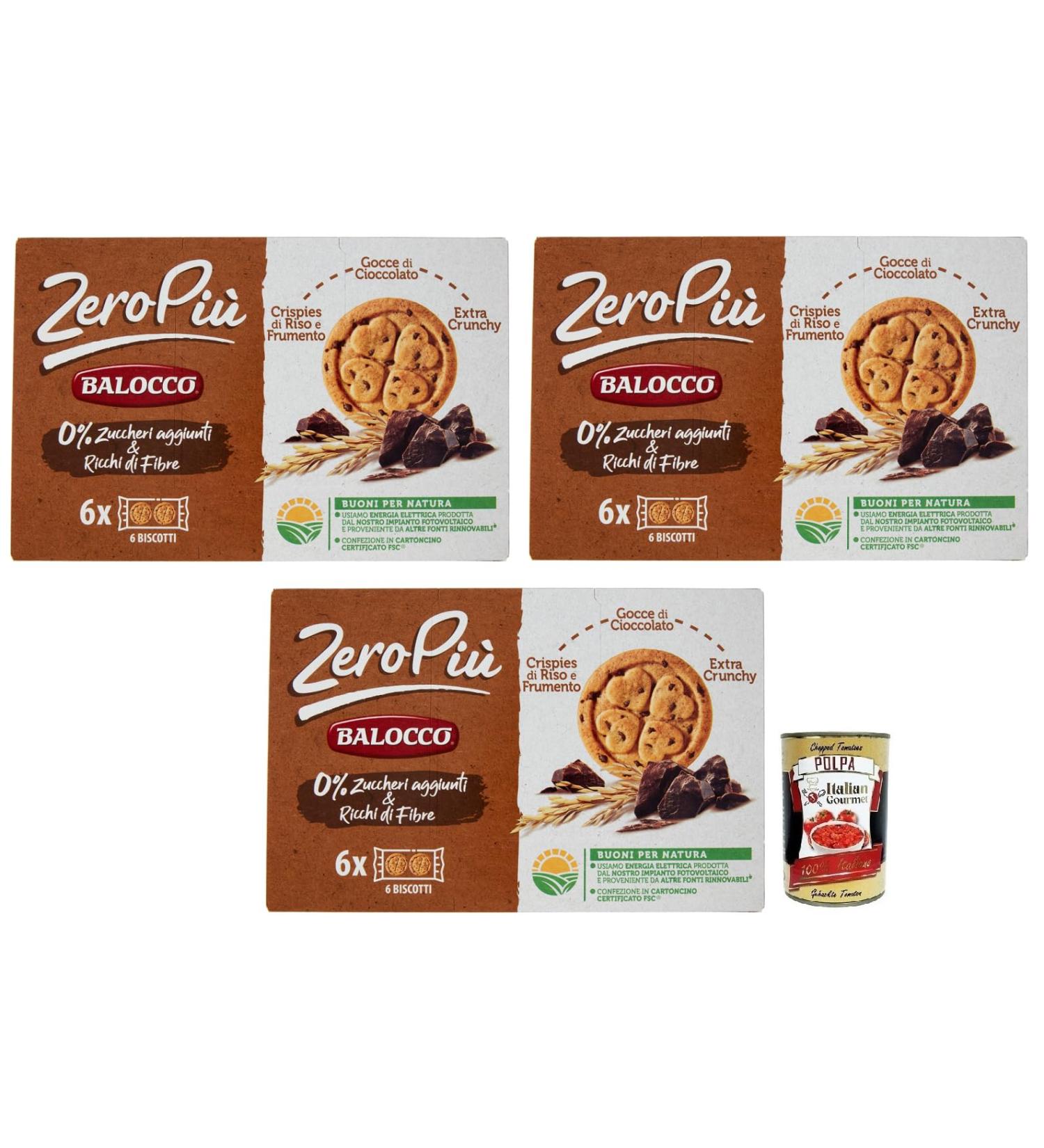Balocco Zero Pi Biscotti Pack of 3 biscuits without added sugar biscuits with rice and wheat pancakes chocolate drops and extra crunchy 210 g + Italian Gourmet Polpa di Pomodoro box 400 g - Buy Online on GoSupps.com