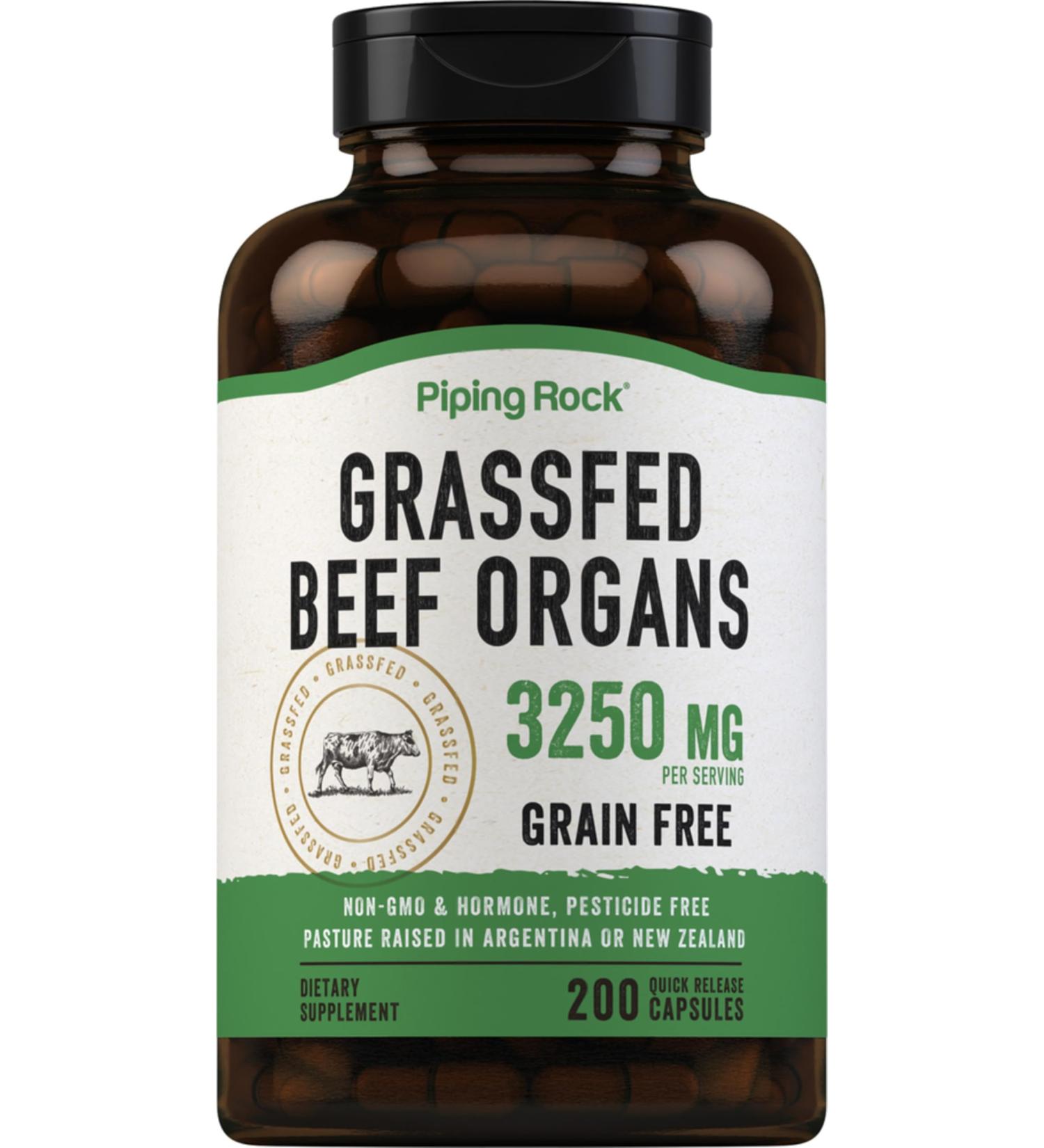 Piping Rock Grass Fed Beef Organs | 3250 mg | 200 Capsules | Liver Kidney Pancreas Heart Spleen Supplement | Non-GMO Gluten Free - Buy Online on GoSupps.com