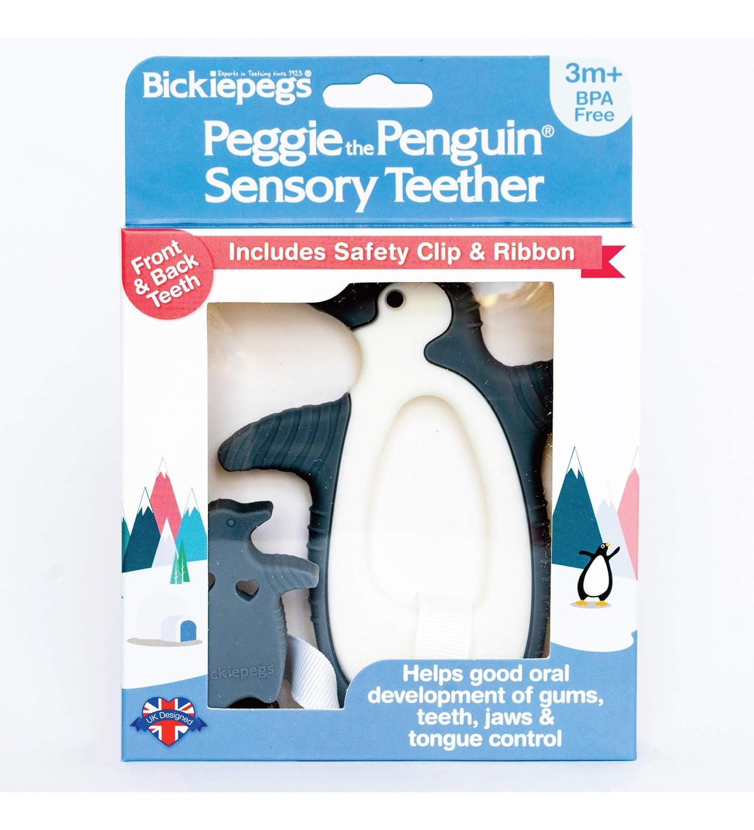 Bickiepegs Peggie the Penguin Sensory Bite Toy | Dental Aid for Babies & Toddlers | Front Gray & White Clip-On Teether - Buy Online on GoSupps.com