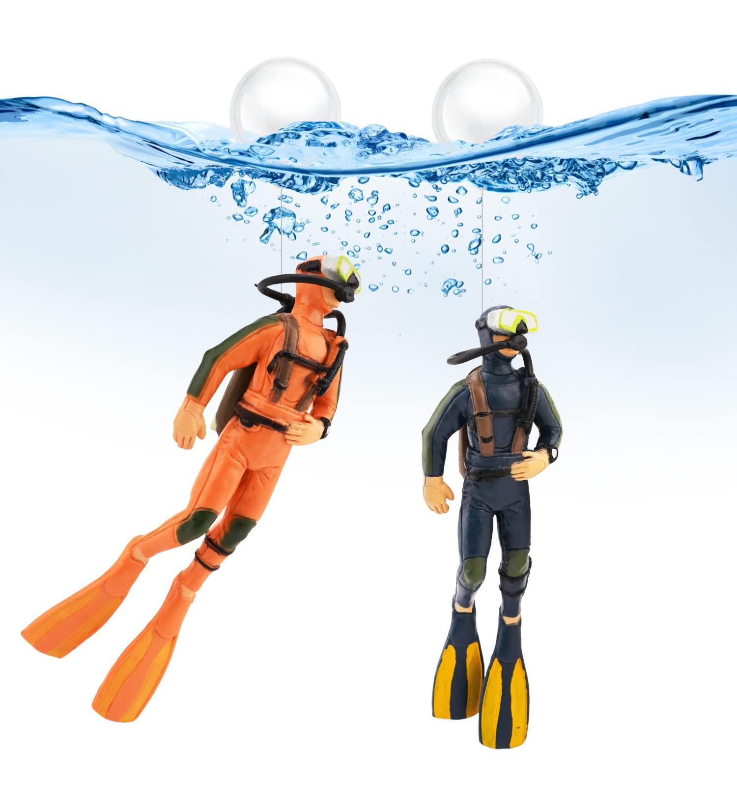 BEKECIDI 2-Pack Aquarium Decorations - Small Divers & Floating Trailer for Creative Sea Landscape - Blue & Orange - Buy Online on GoSupps.com