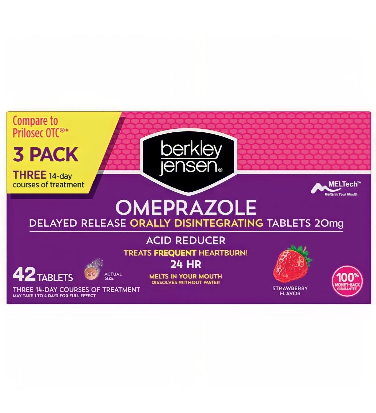 Berkley Jensen Omeprazole 20 mg - 42 Count Strawberry Acid Reducer Pills for Heartburn Relief | 3 x 14-Day Regimen | International Shipping Available - Buy Online on GoSupps.com