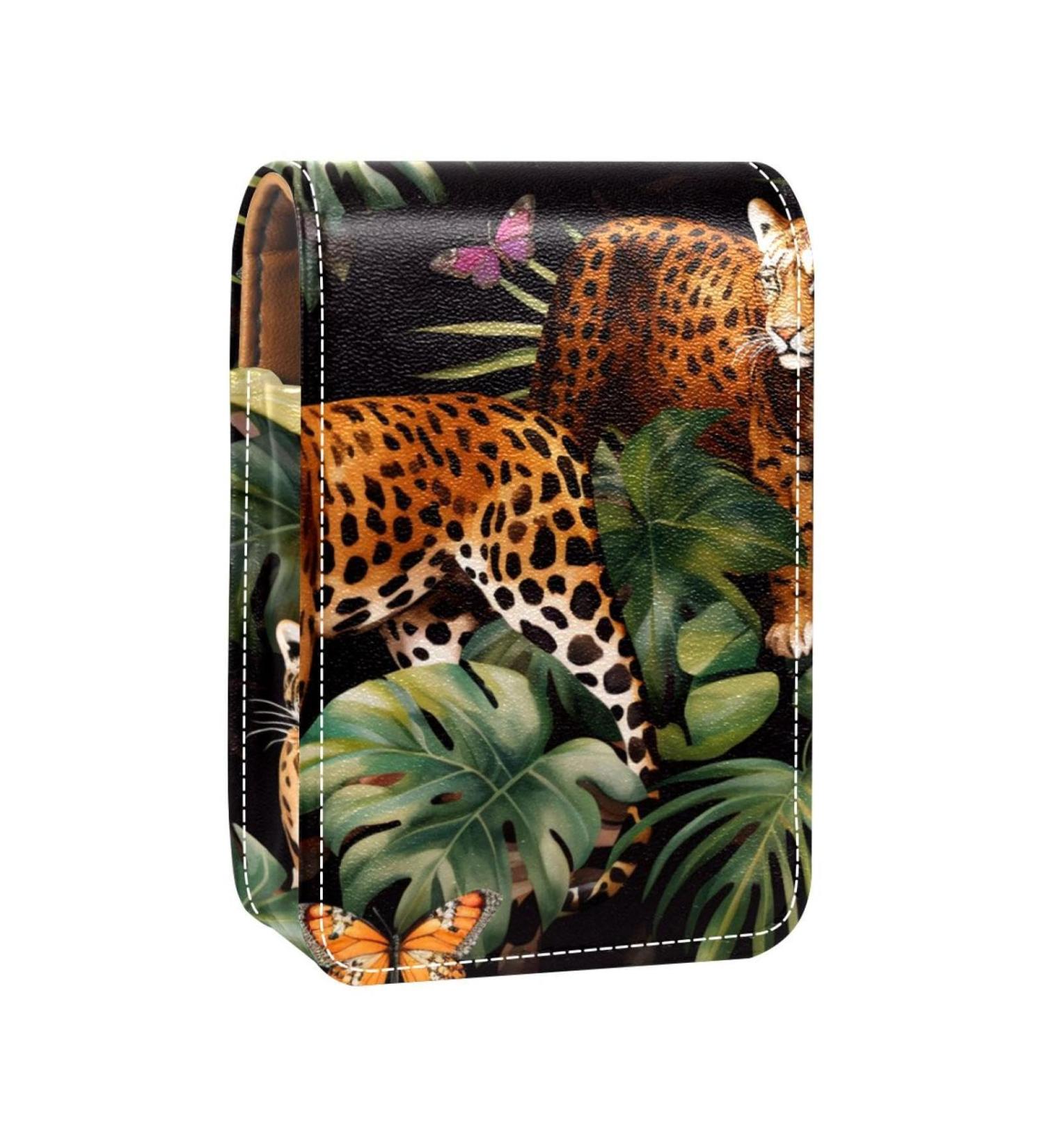 Buy Stylish Leather Lipstick Case | Mini Lip Gloss Organizer with Mirror - Tropical Palm Leaves & Leopard Design - Buy Online on GoSupps.com