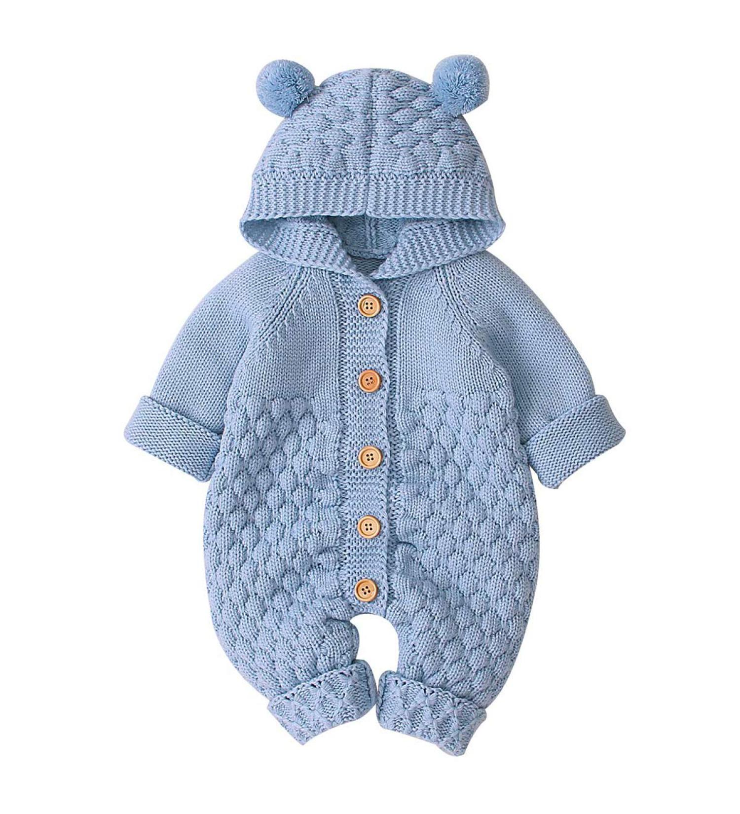 Haokaini Newborn Baby Ear Hooded Knitted Winter Romper Snowsuit | 3-6 Months | Blue - Buy Online on GoSupps.com