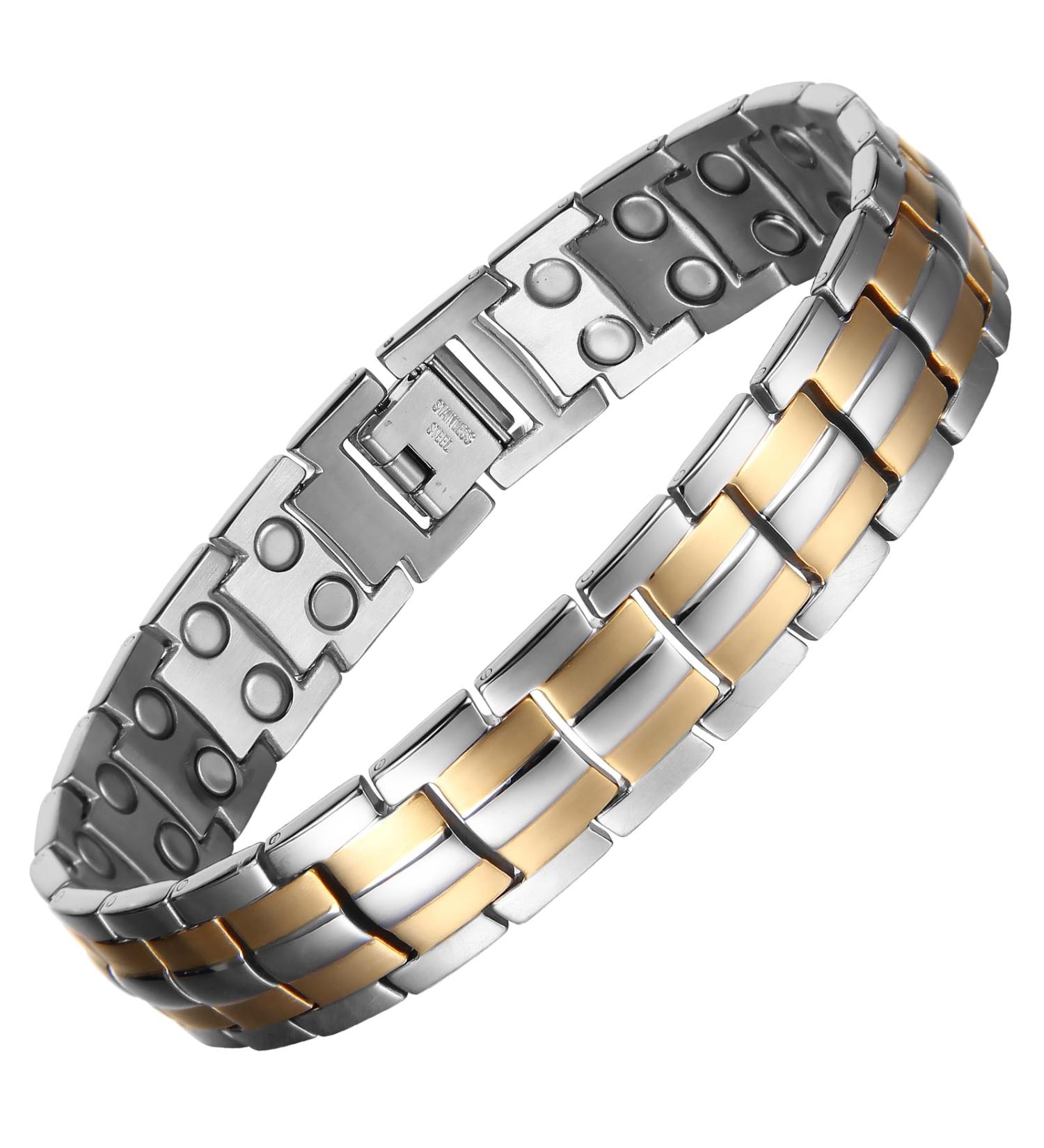 MagEnergy Titanium Steel Magnetic Bracelet for Men - Double Row Ultra Strength Magnets, Adjustable Links Removal Tool, Gift Box - Silver+Gold - Buy Online on GoSupps.com
