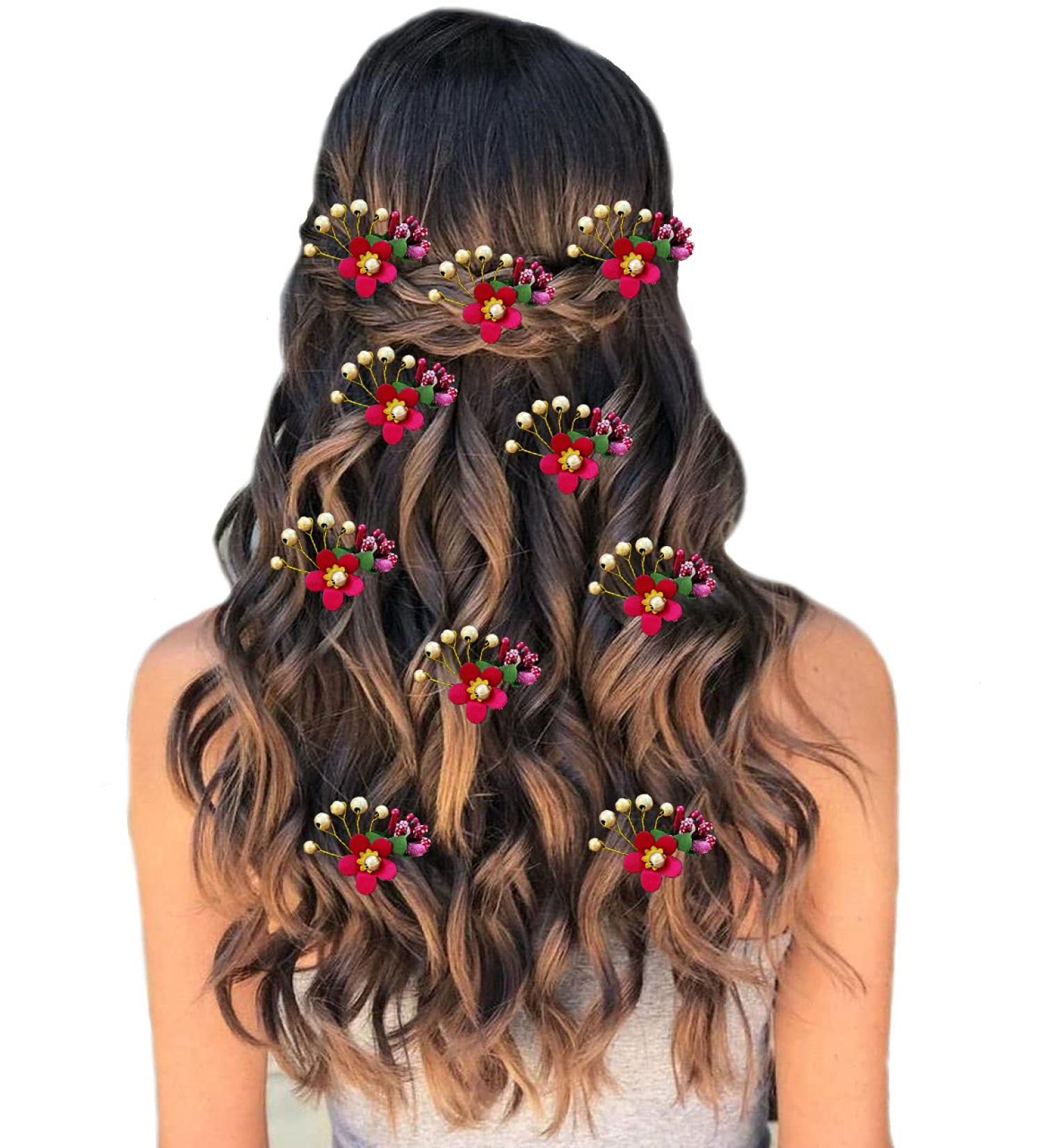 SHREEMEE Women Attractive Artificial Round Shape Flower with Golden Pearl Wedding Hair Accessories/Hair Pins/Juda Pins for Women and Girls- Maroon - Buy Online on GoSupps.com