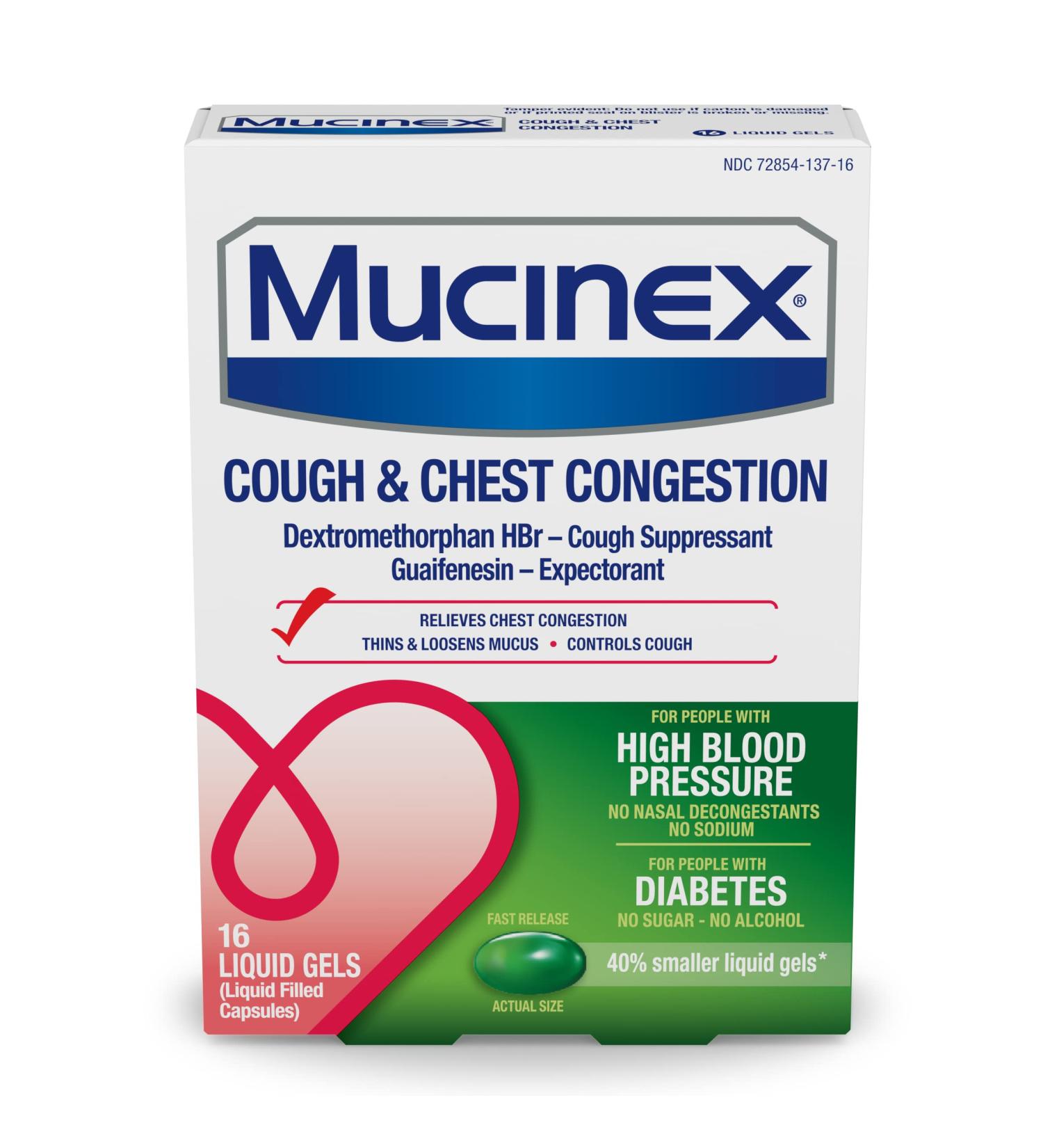 Mucinex Cough & Chest Congestion High Blood Pressure Liquid Gels 16 ct. | Fast Relief - Buy Online on GoSupps.com