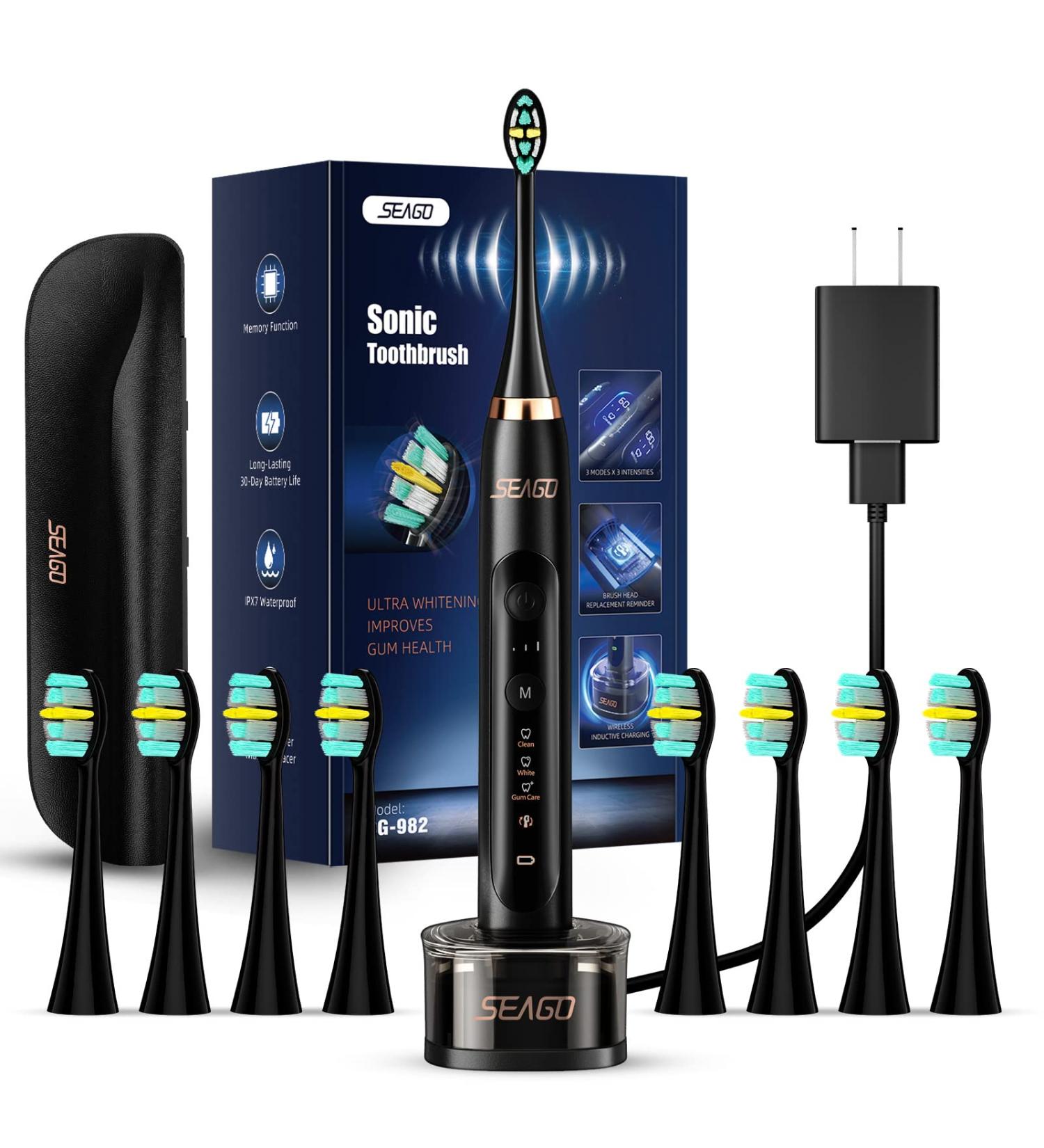 SEAGO Ultrasonic Electric Toothbrush for Adults - Twin-Engine, 3 Modes, 3 Intensities - Wireless Rechargeable Sonic Toothbrush with 8 Brush Heads and Travel Set - Black - Buy Online on GoSupps.com