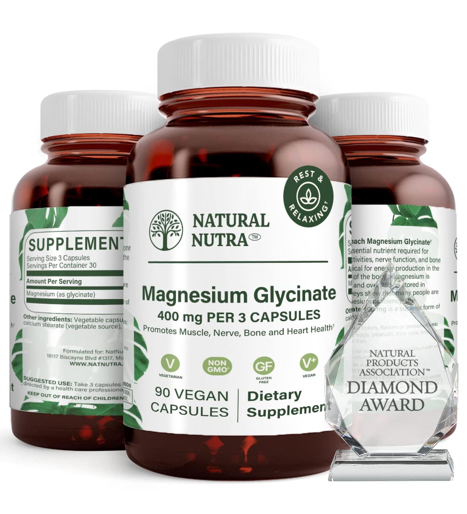 Natural Nutra Magnesium Glycinate 400 mg Supplement Pure Calm Highly Bioavailable for Sleep Vegan Soy Free 90 Capsules