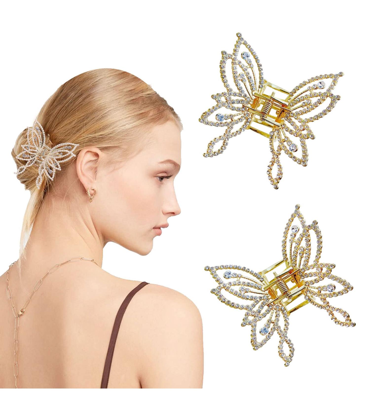2 Pcs Openwork Butterfly Hair Claw Clips with Pearl Diamond Rhinestone - Non Slip Strong Hold Hair Accessories - Buy Online on GoSupps.com
