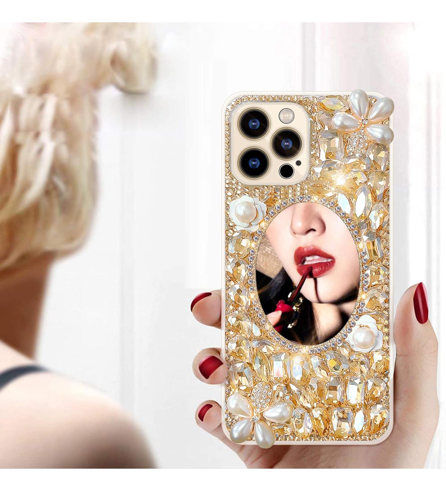 Cavdycidy Designer iPhone 13 Pro Max Mirror Case with Bling Gemstone - Gold Gems | Luxury 3D Glitter Sparkle Diamond Phone Case for Women - Buy Online on GoSupps.com