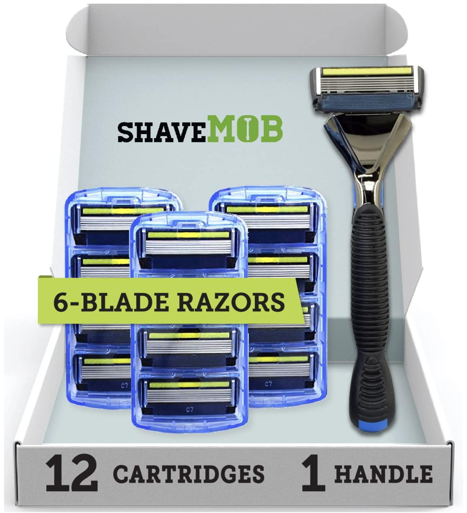 ShaveMOB 6-Blade Men's Razor Kit - Flex Head Handle with Trimmer + 12 Refills | The Caveman Shaving Kit 12 Pack - Buy Online on GoSupps.com