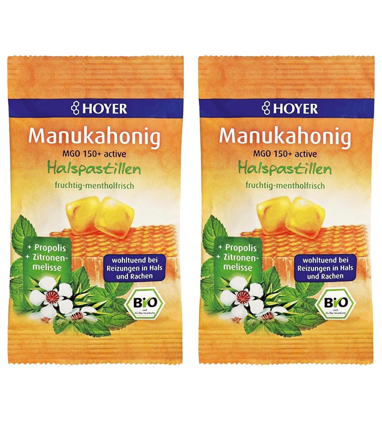 Hoyer Manuka Honey Pastilles Bio with Propolis & Lemon Balm - MGO 150+ for Neck & Throat Relief - 30g (2-Pack) | International Shipping - Buy Online on GoSupps.com