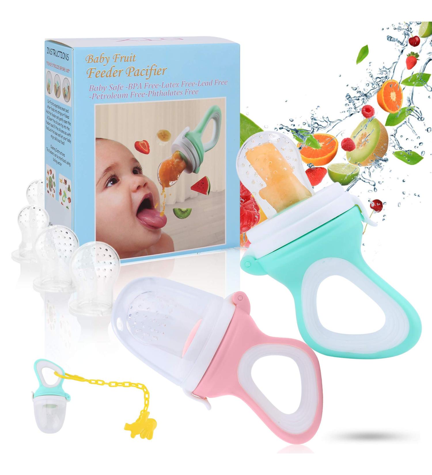 Baby Fruit Food Feeder Pacifier - 2 Pack Silicone Teething Toy with 6 Sac, 1 Clip (Cyan & Light Pink) - Buy Online on GoSupps.com