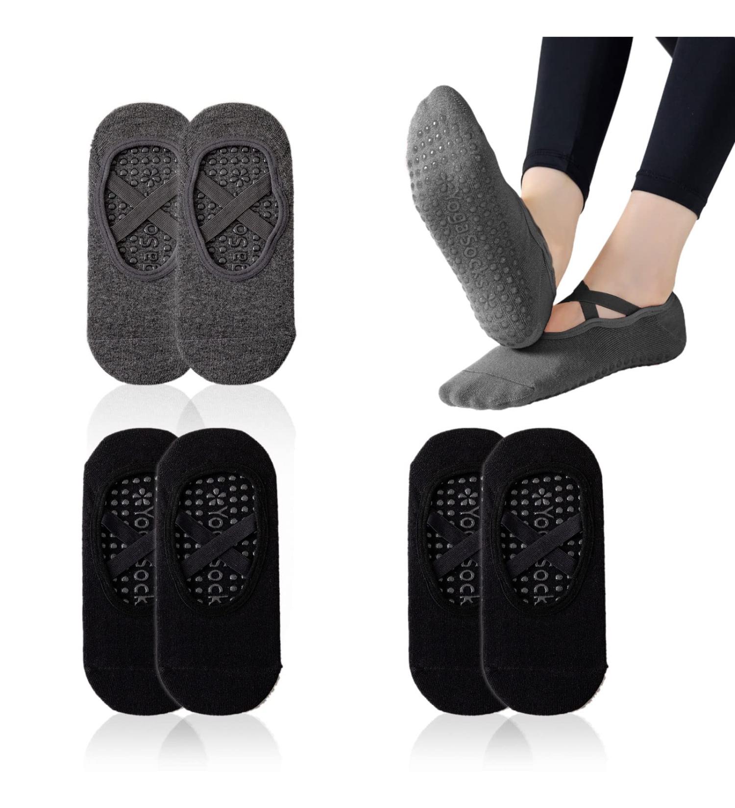 Nitaiun Non-Slip Yoga Socks for Women | 3 Pairs Grip Socks for Barre Pilates Ballet & Dance | Anti-Slip Straps | Large Size Black & Gray 37-45 - Buy Online on GoSupps.com
