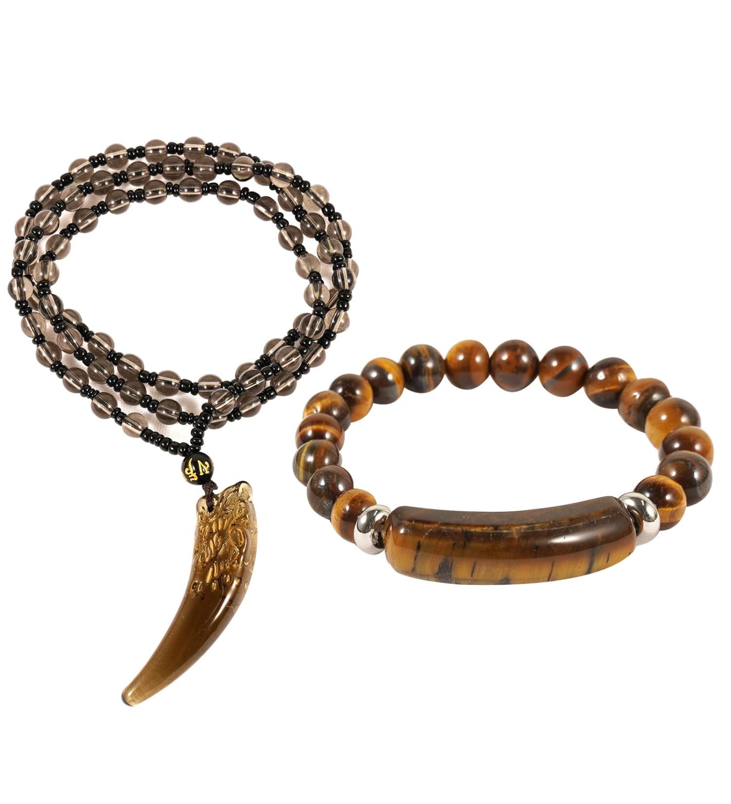Soulnioi Tiger's Eye Bridge Bracelet & Vintage Obsidian Wolf Tooth Necklace Set - Buy Online on GoSupps.com