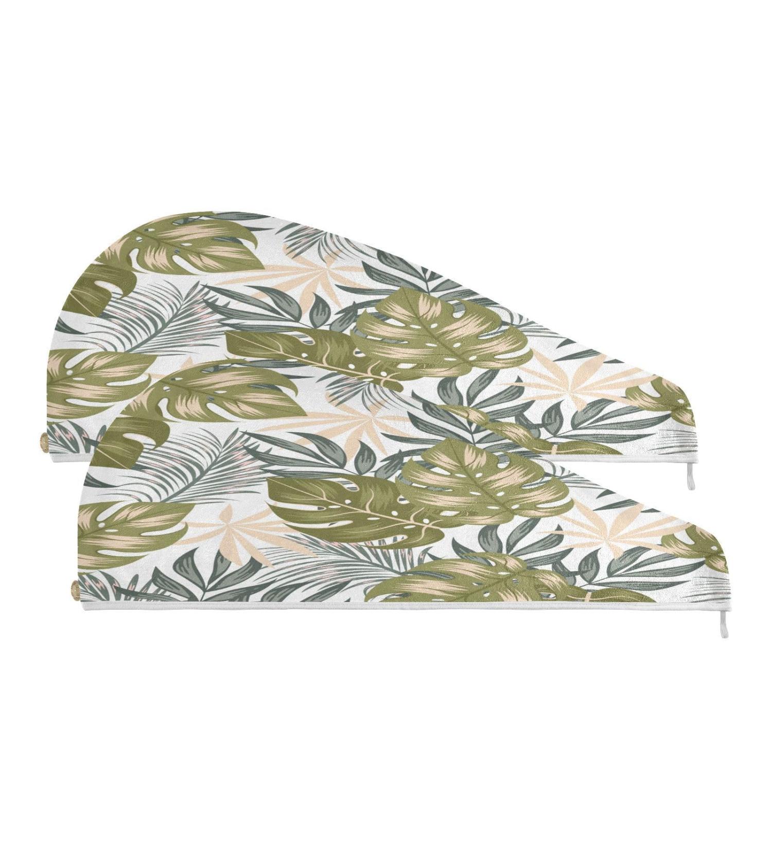 Tropical Leaves Dry Hair Cap - 2 Piece Quick Drying Towel Set with Button Headband | Super Absorbent & Soft Comfort for International Shipping - Buy Online on GoSupps.com
