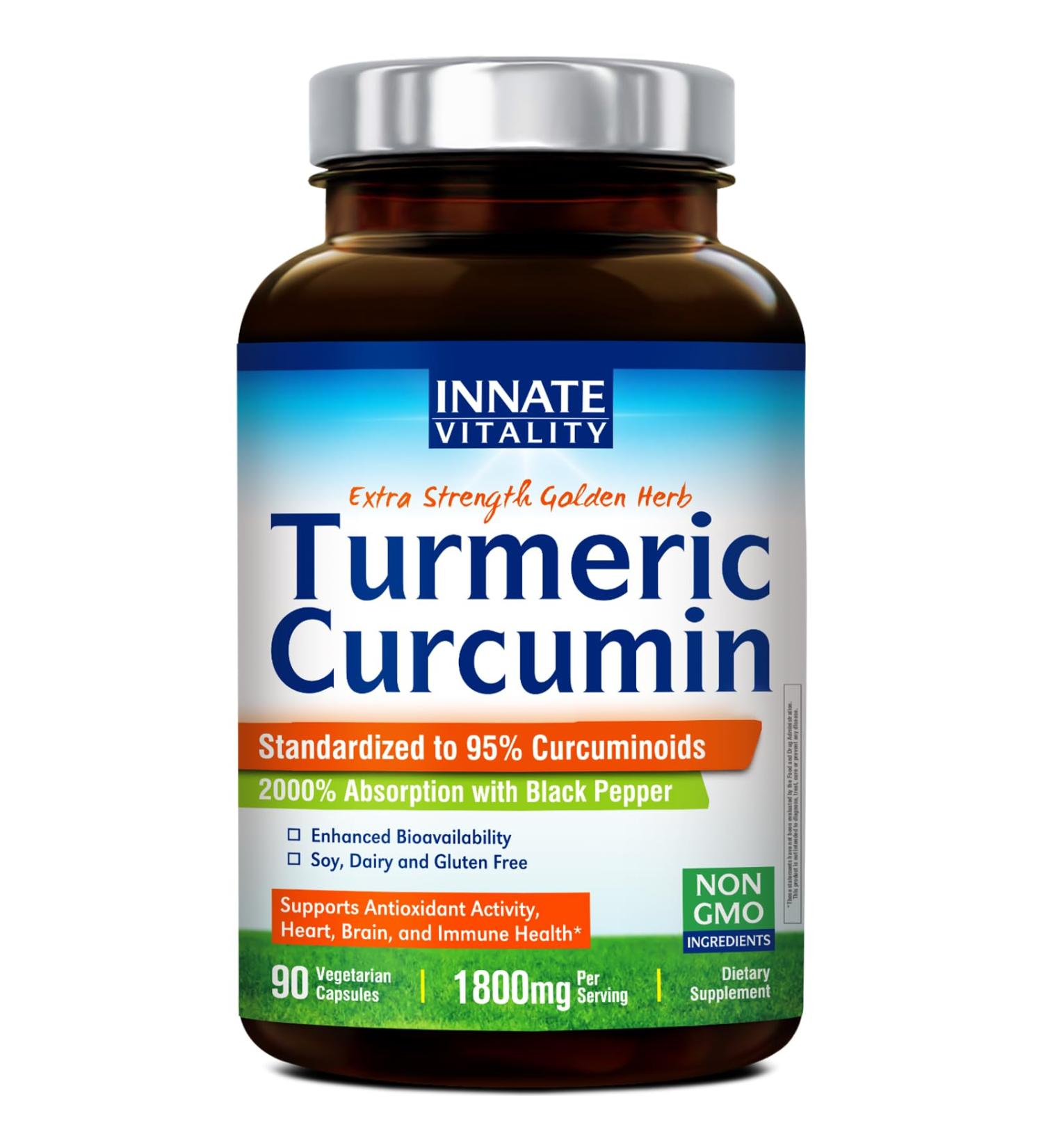Innate Vitality Turmeric Curcumin Supplement 1800mg with Black Pepper 95% Curcuminoids, Extra Strength & Enhanced Absorption, Antioxidant, 90 Caps - Buy Online on GoSupps.com