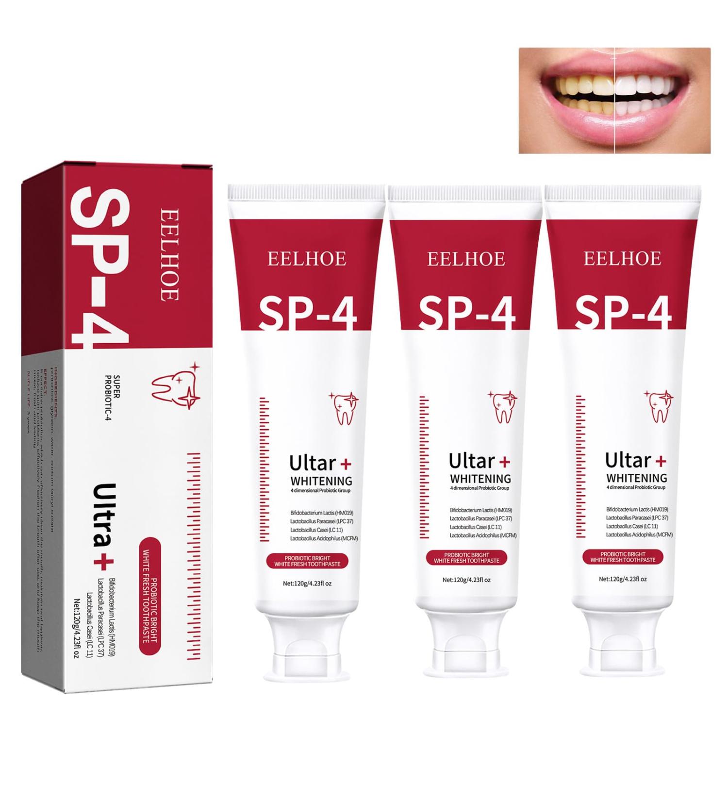 SP-4 Probiotic Whitening Toothpaste | Stain Removal & Fresh Breath | 120g (3 Pieces) - White Teeth & Lightening Effect - Buy Online on GoSupps.com