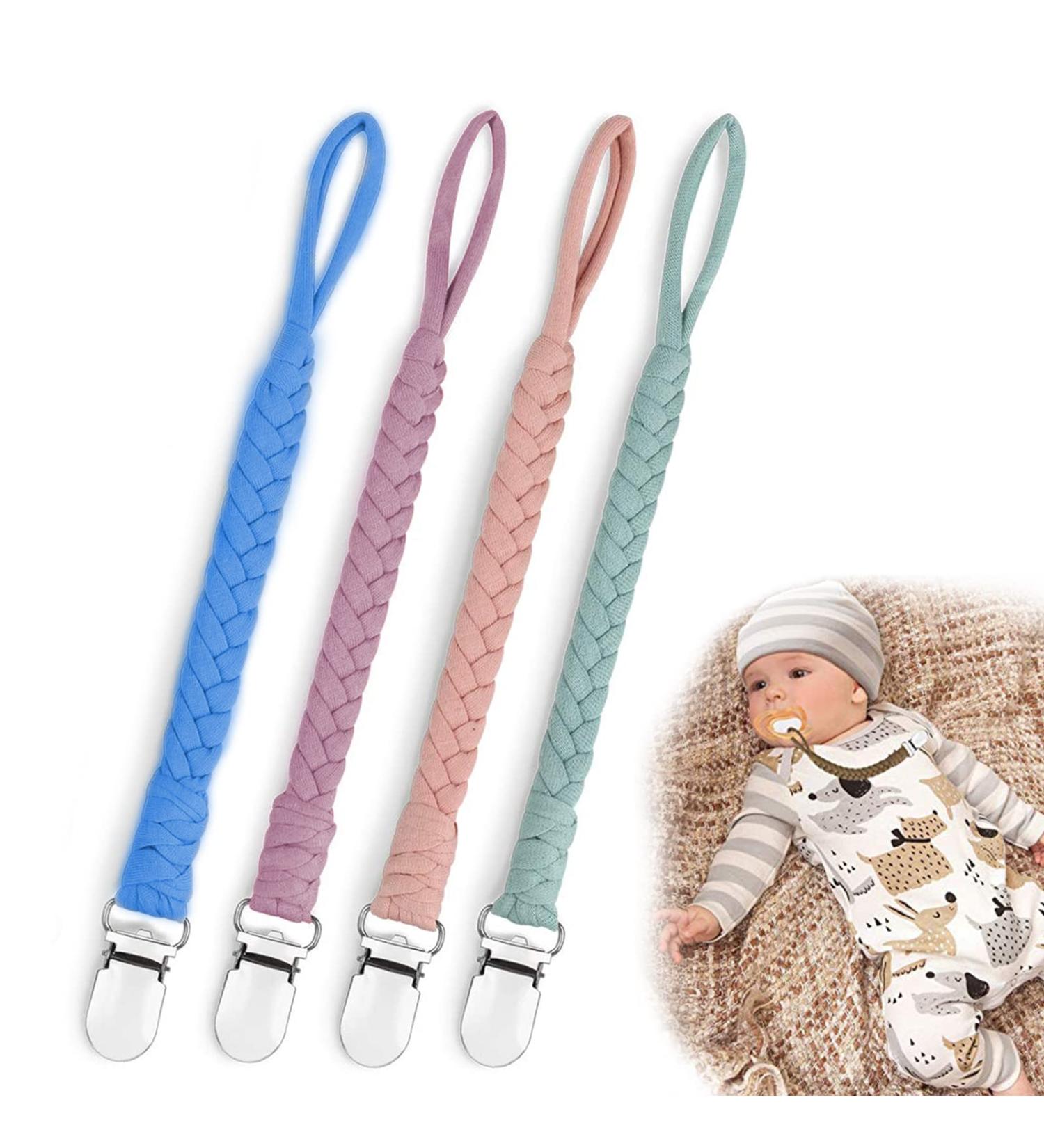 Iopykkoa Pacifier Chain - 4 Pack Cotton Clips for Boys & Girls - Colorful Triangle Design in Green Pink Blue Purple - Ideal for Bibs | International Shipping - Buy Online on GoSupps.com