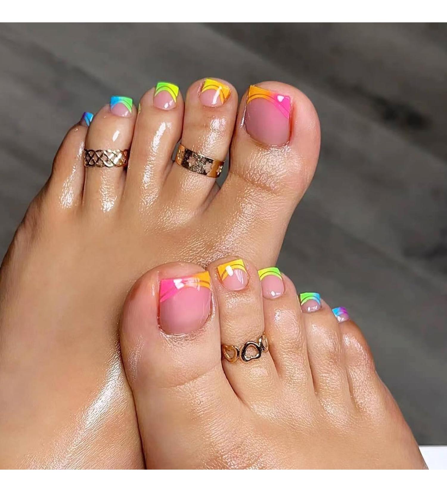 Shop Short French Tip Press On Toenails | 24 Pcs Acrylic False Toe Nails with Color Tip Designs for Women - Buy Online on GoSupps.com