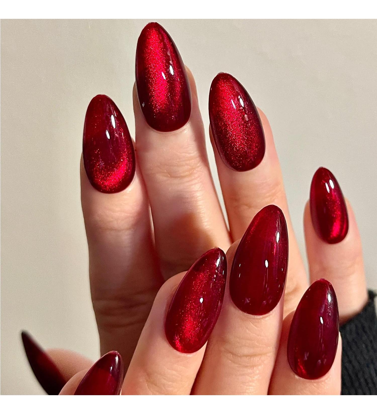 GLAMERMAID Red Magnet Cat Eyes Press-On Nails | Handmade Gel Fake Nail Kit - Ombre Rouge Glitter Stiletto & Oval Designs for Women - Buy Online on GoSupps.com