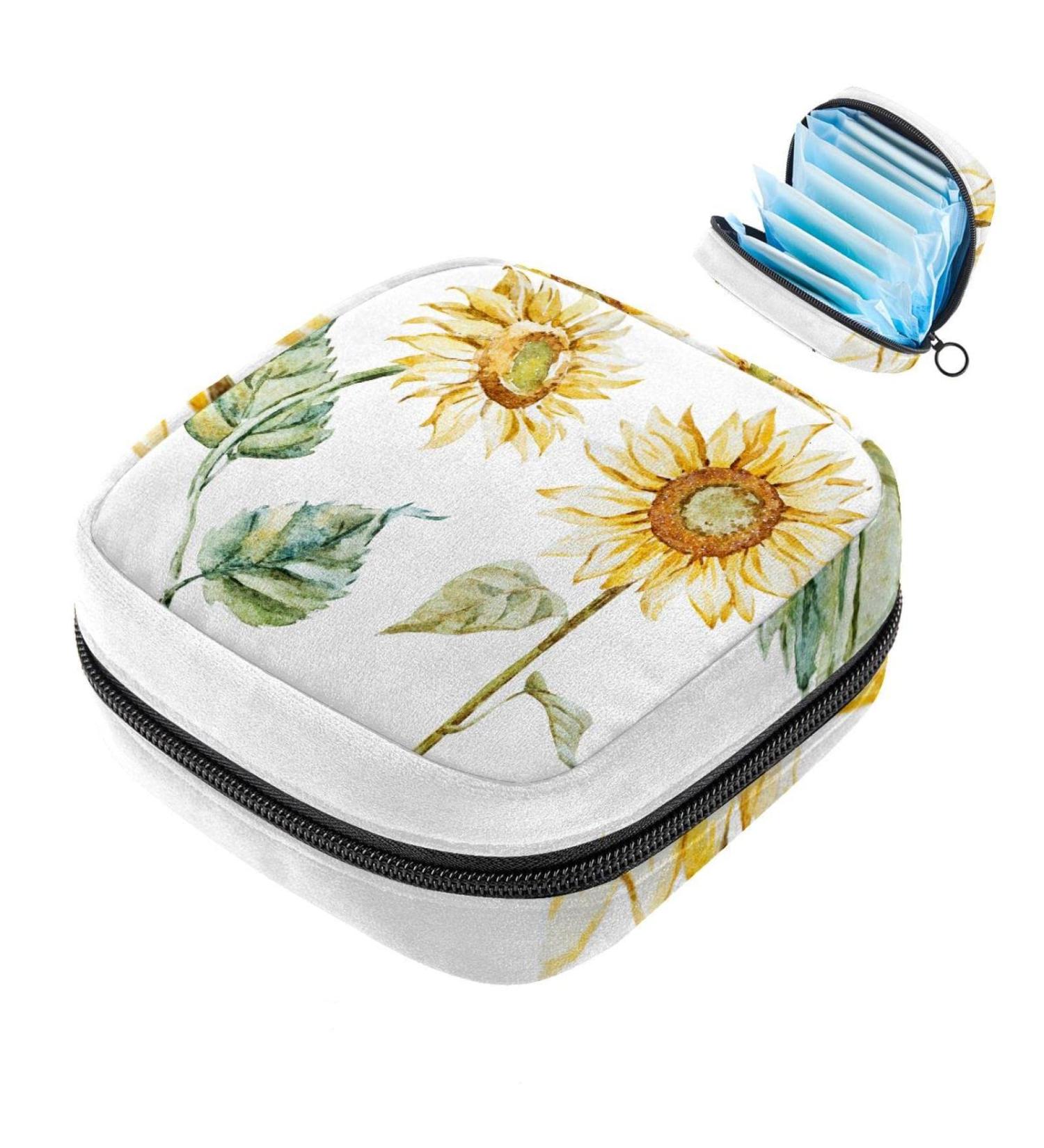 Buy Watercolor Sunflower Menstruation Pad Bag with Zipper - Stylish & Practical Women's Tampon Collecting Bags - Buy Online on GoSupps.com
