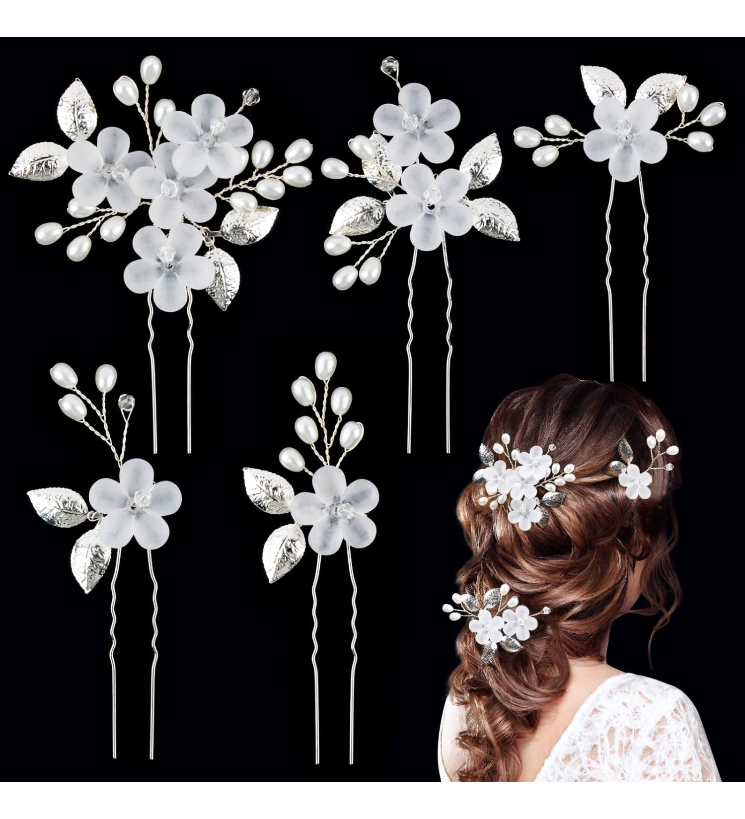 Boyrot 5 Pcs Wedding Hairpins - Bridal Pearl Hair Jewelry with Flowers & Leaves - U-Shaped Hair Clips for Women & Girls - Silver Bridal Accessories in 5 Styles - Buy Online on GoSupps.com