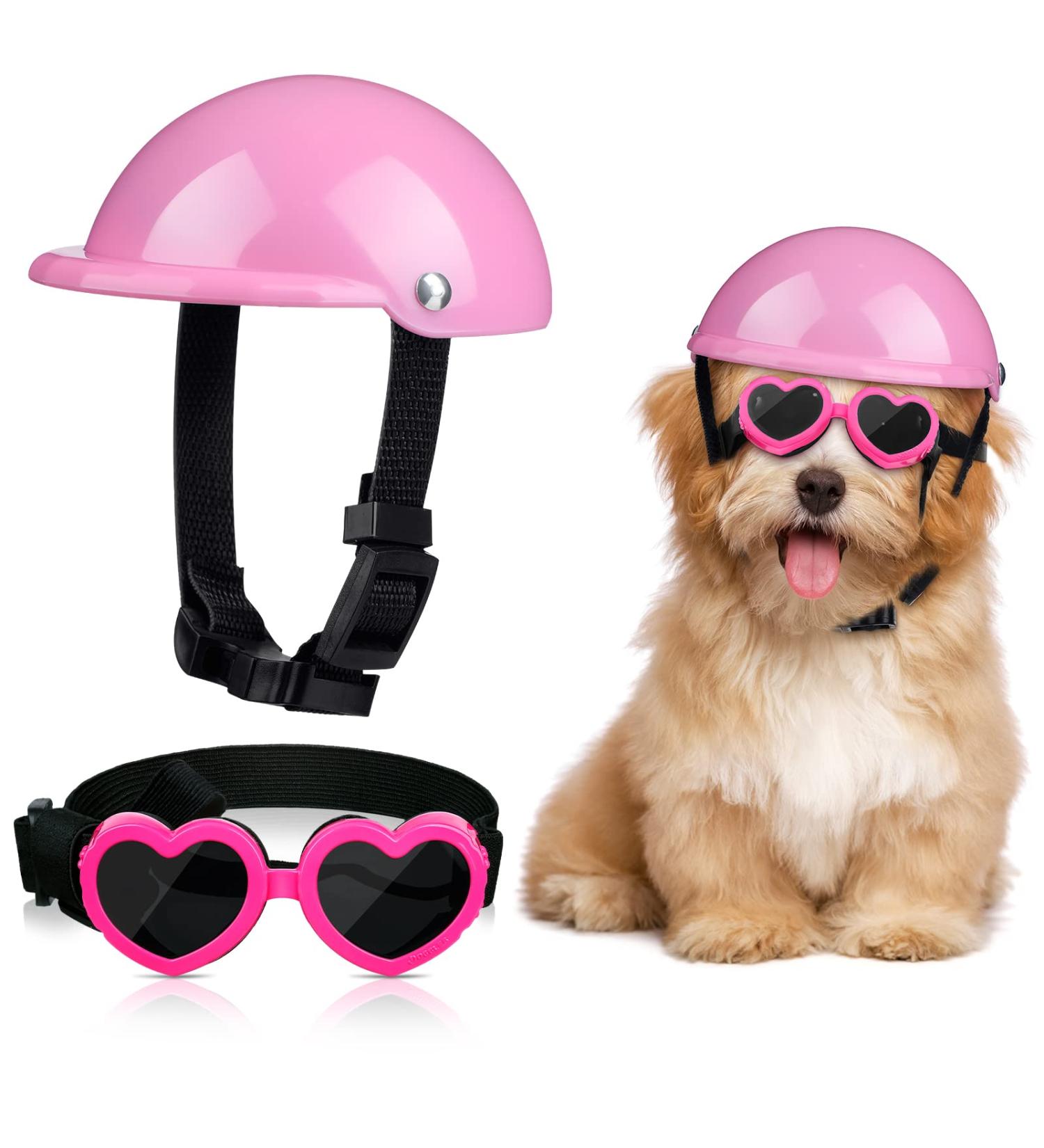 Xuniea 2 Pieces Small Dog Helmet and Goggles Puppy Sunglasses UV Protection PET Helmet with Adjustable Belt Dog Motorcycle Hard Safety Hat for Doggie Windproof Glasses Small Dog Cycling Riding(Pink) - Buy Online on GoSupps.com
