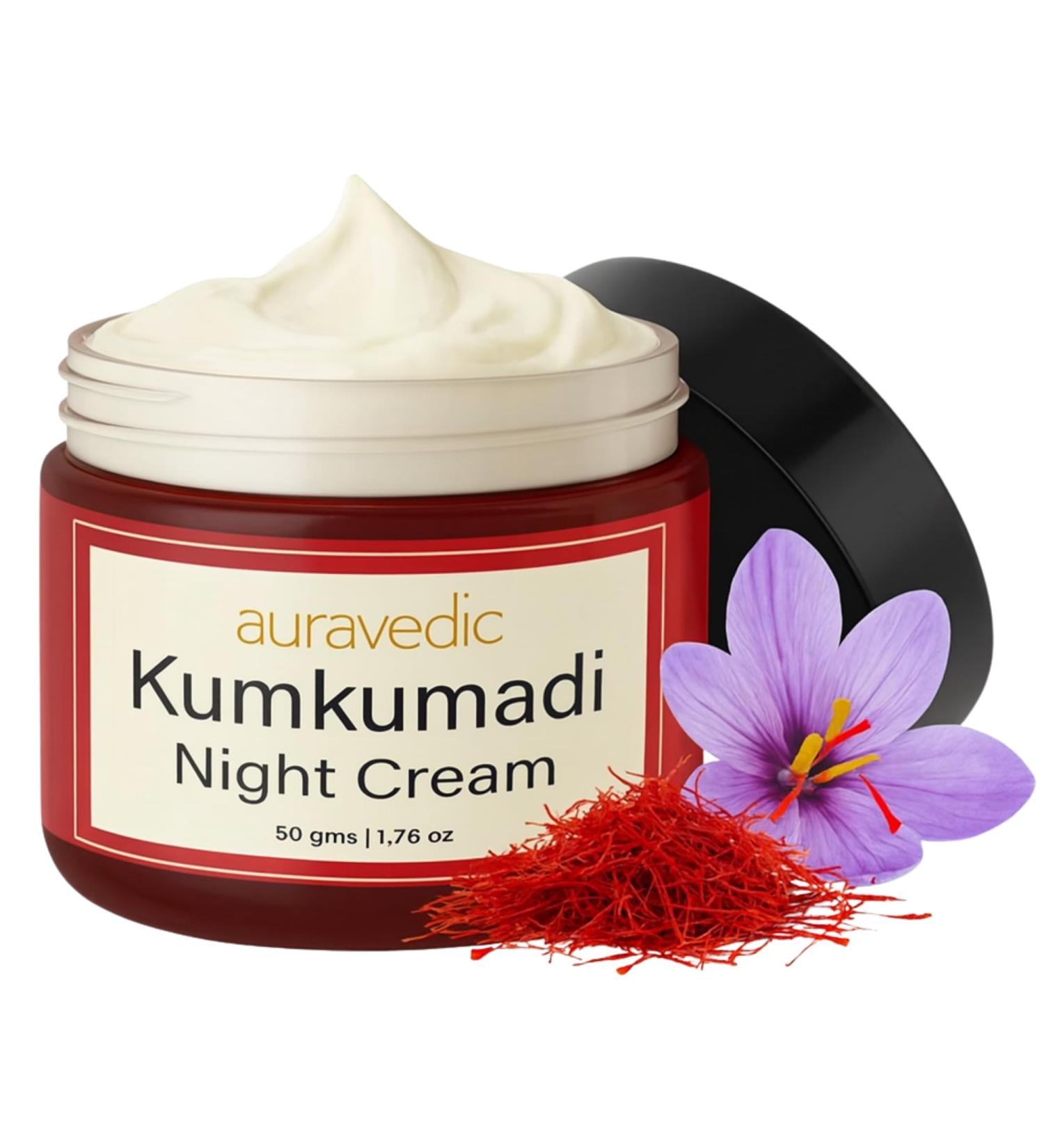 Auravedic Kumkumadi Night Cream with Retinol Niacinamide & Saffron | Deep Hydration for Smooth Even-Looking Skin | Overnight Repair & Radiance Support | 1.76 Oz (50g) - Buy Online on GoSupps.com