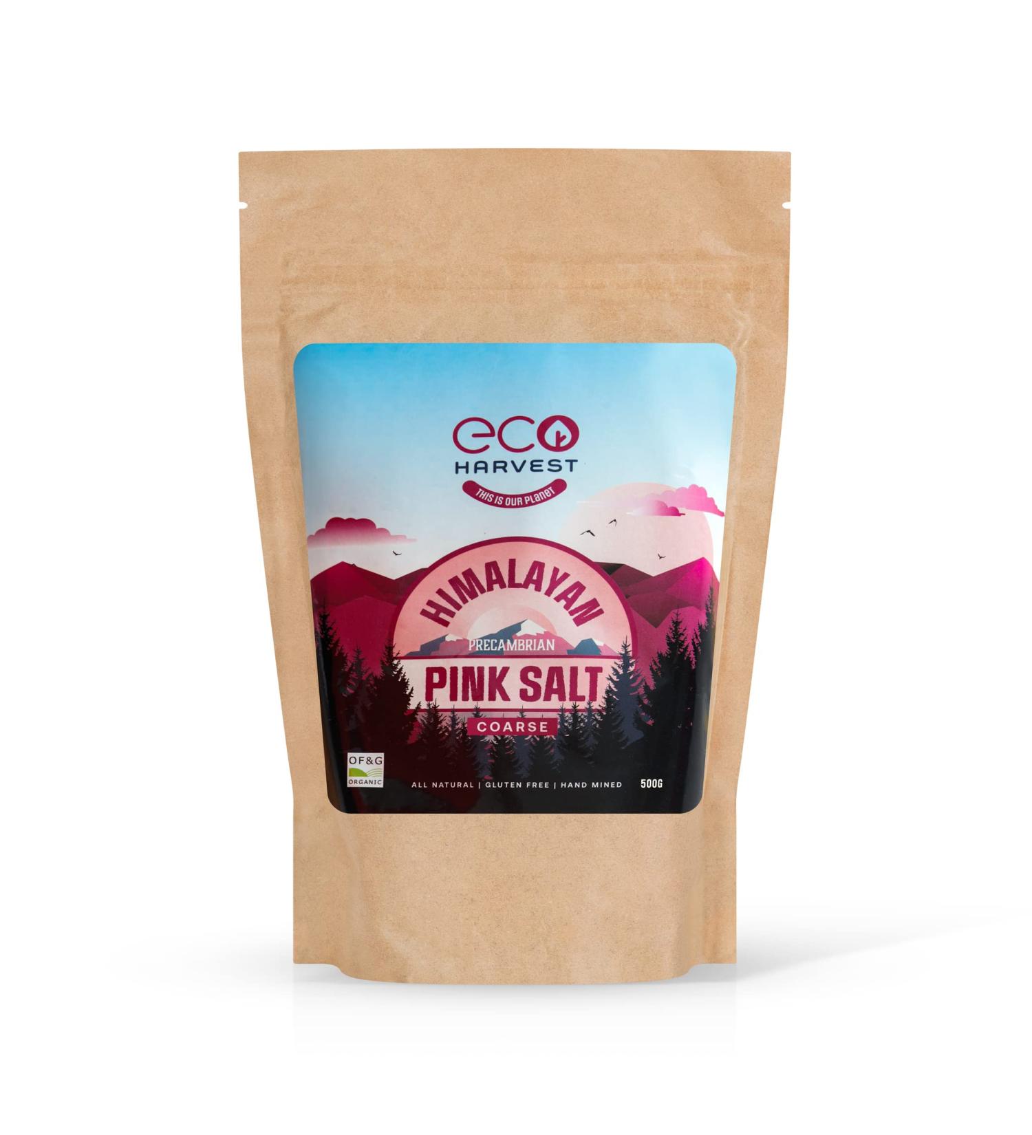 Premium Pink Himalayan Salt (Coarse) 500gms. Pure UNREFINED 100% Natural Pink Rock in a Biodegradable and Compostable Kraft pouch. Wellness salt by Eco Harvest  - Buy Online on GoSupps.com