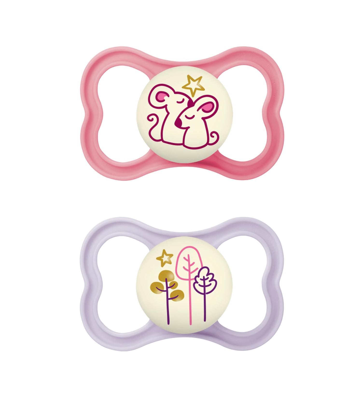 MAM Latex Air Night Soothers 16 Months+ (Pack of 2) Glow in The Dark Baby Soothers with Self Sterilising Travel Case Newborn Essentials Pink (Designs May Vary) Latex Pink Air Night 1 12+ M Soother - Buy Online on GoSupps.com