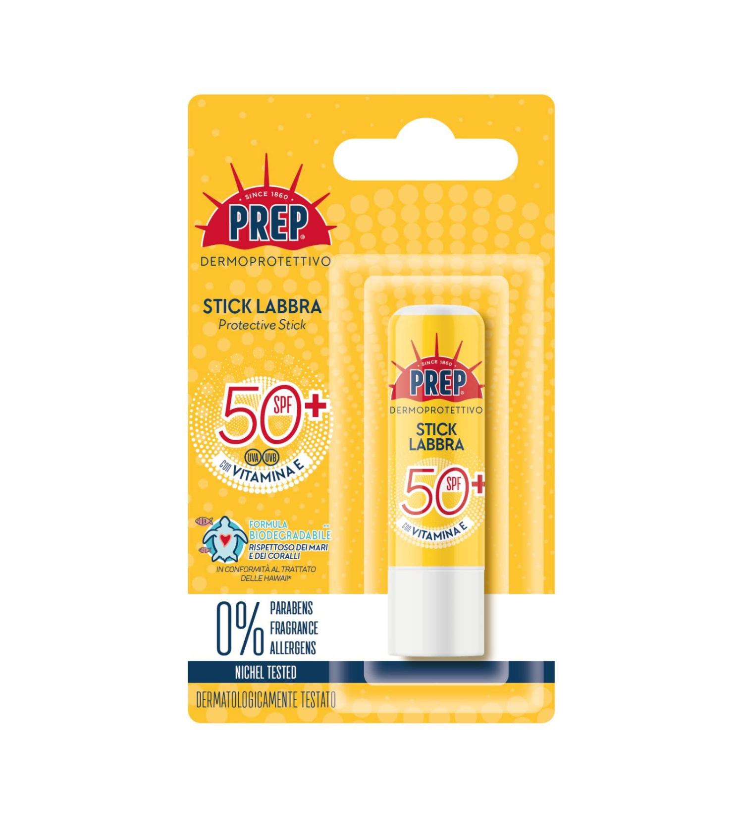PREP Prep Lip Stick Sun Protection SPF50+ Burrocaao with Biodegradable Formula Dermatologically tested for sensitive skin with vitamin E free of parabens perfumes or allergens nickel tested